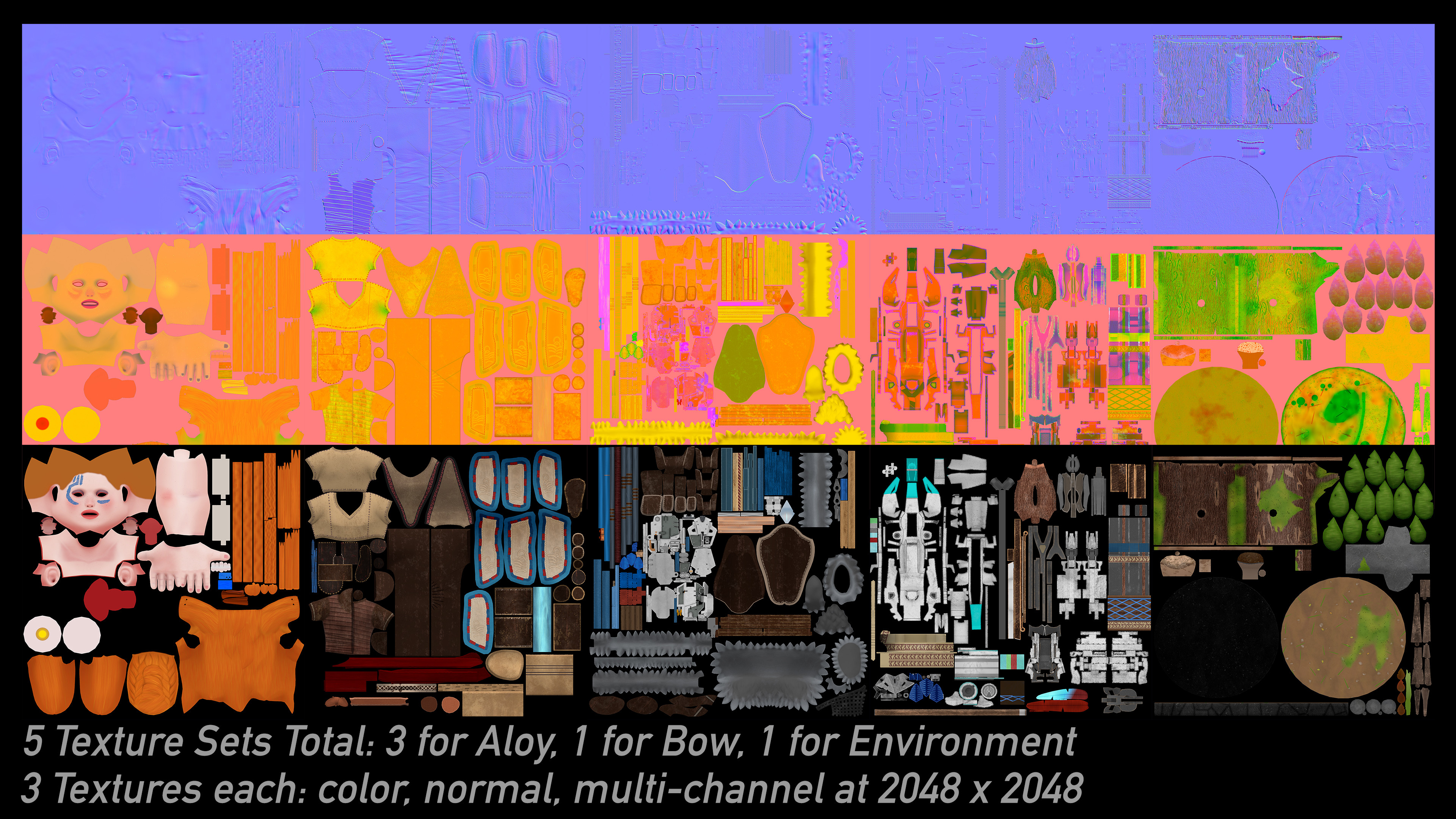 Textures Breakdown. The Multi-Channel map consists of Ambient Occlusion, Roughness and either Metallic or Scattering maps (Depending on the texture set)