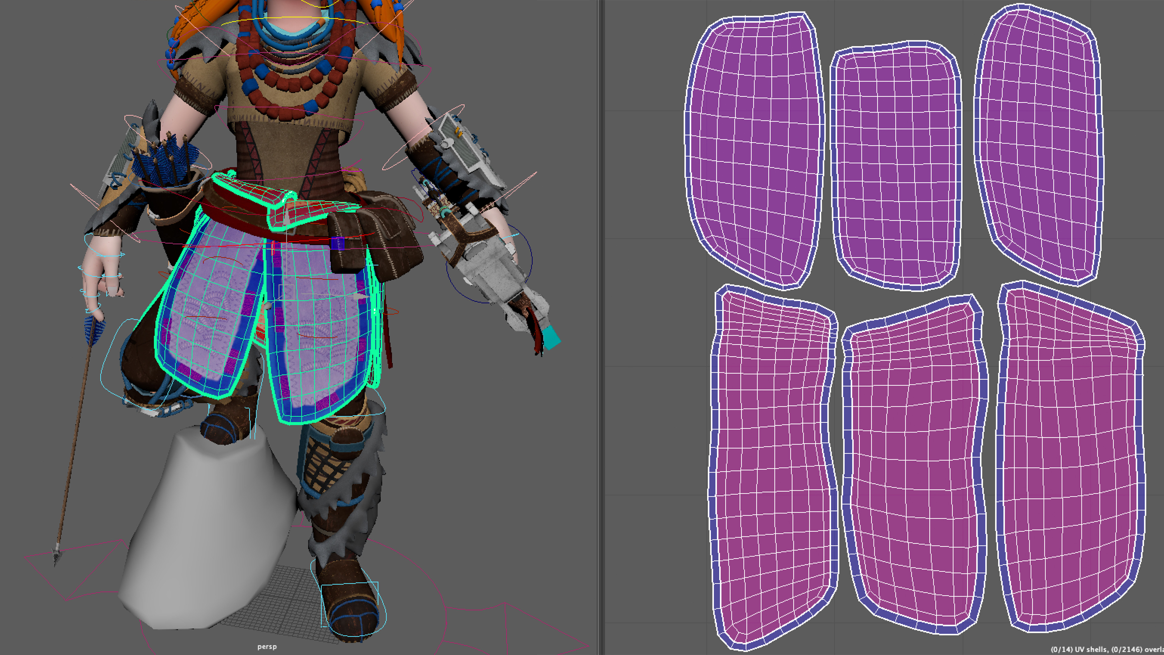 UV Overlapping. For the pieces of clothing that were hanging, both the front and the back faces share the same UV space (as seen in this example). This method optimizes the space in the texture set, and gives a sense of depth to the clothing   
