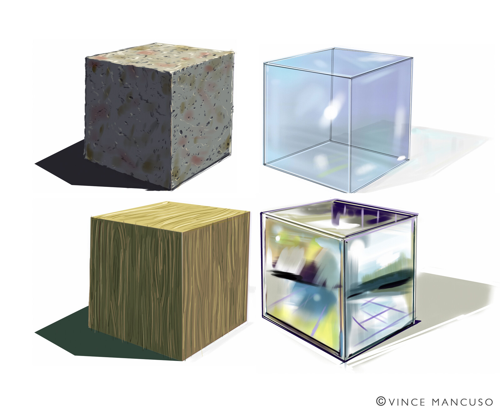 Project 9: 4 cubes in chrome, glass, stone and wood.