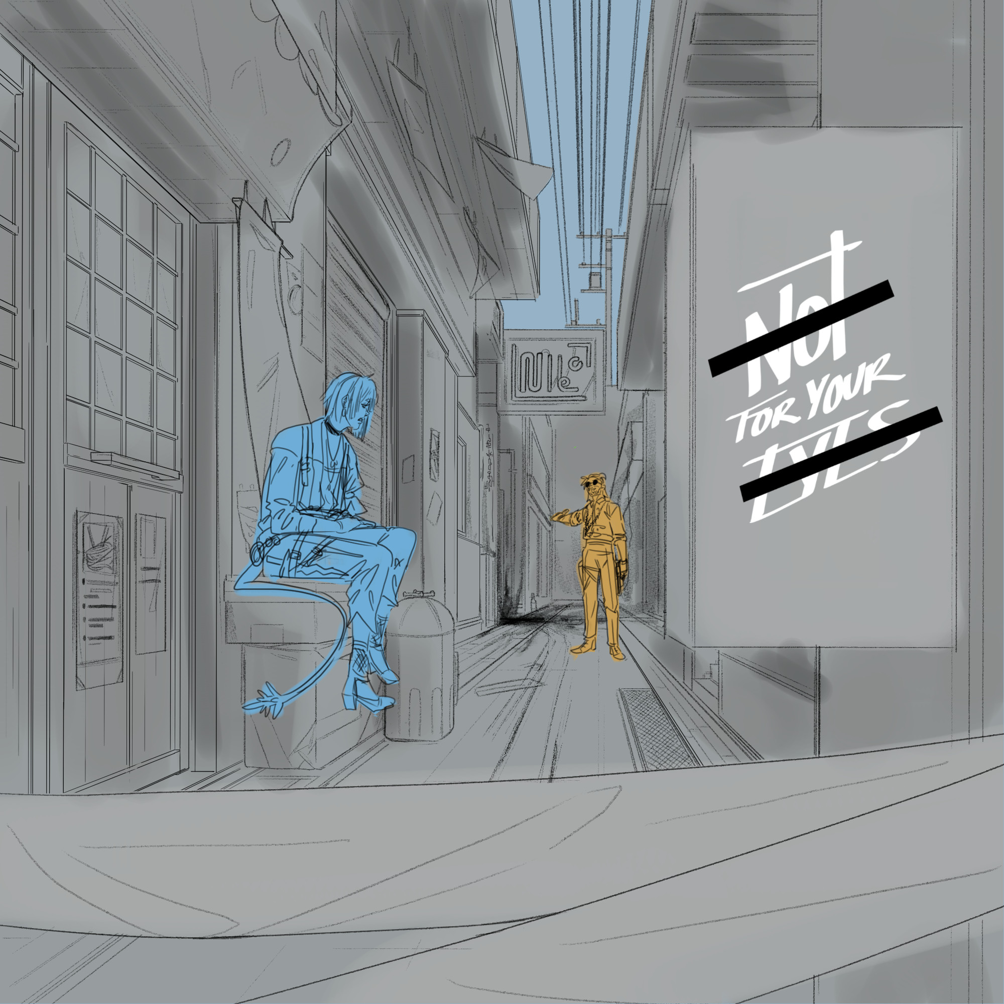 blocking out some shadows in the background, defining character design a bit more. Also, placing the title of the image closer to the 'camera', as I wanted the title to feel like part of the background somehow.