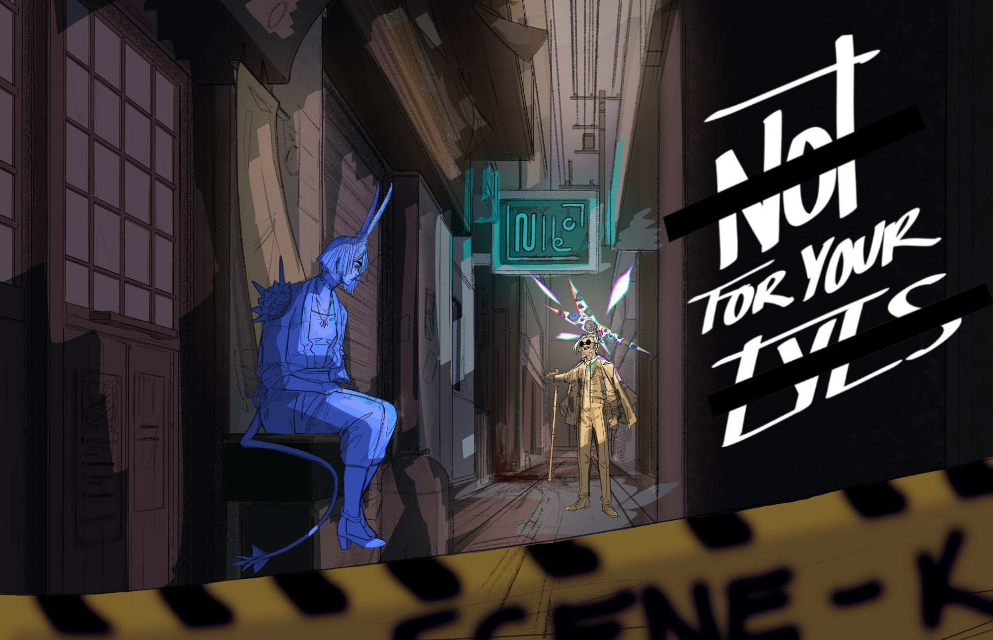 background blocked out with colors, general shading for the feeling of the piece. this is where I played a bit with the mood, trying out different colors of lighting and different extremes