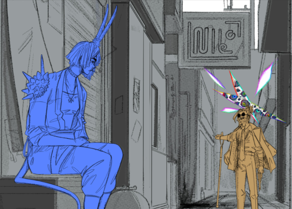 finalized character designs closeup, unshaded, uncolored. I wanted the characters to feel modern but strange, like they could appear to be modern in a world where things are very strange.