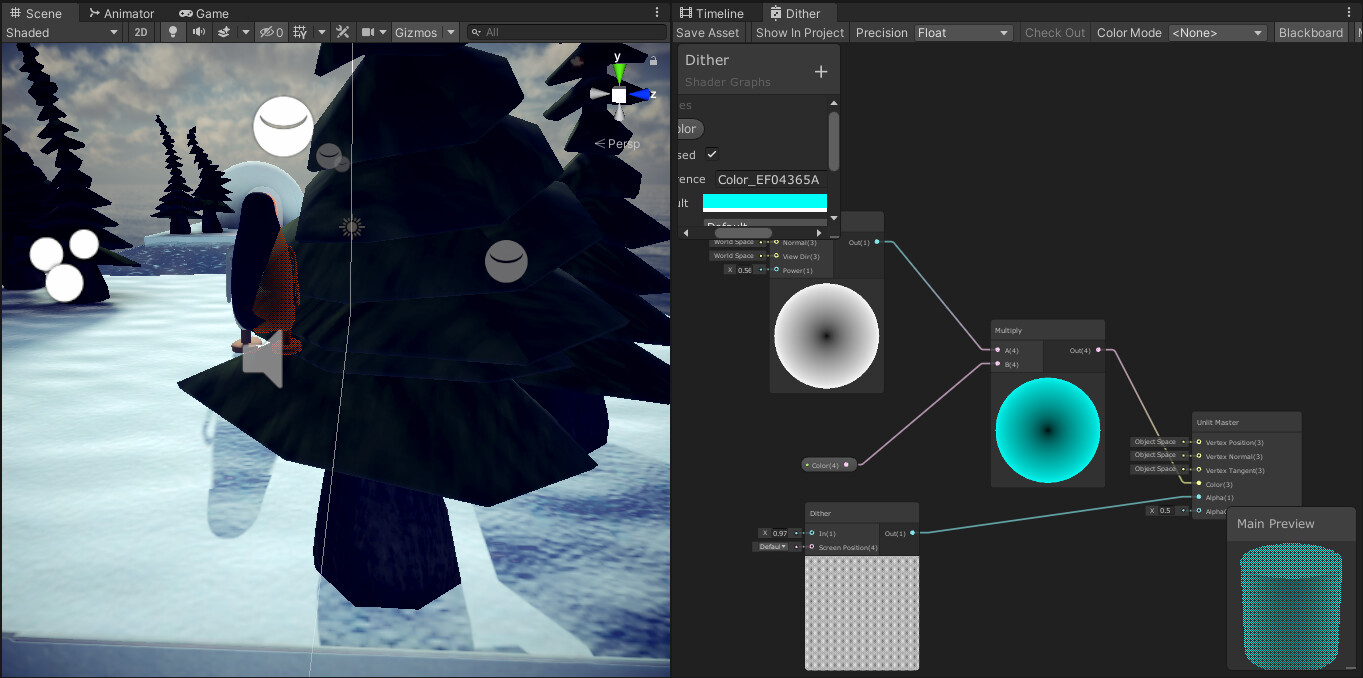 I made a dither shader with Shadergraph. It is only visible when the player is behind an opaque surface (so is not visible). The shader is setup using a custom URP renderer.