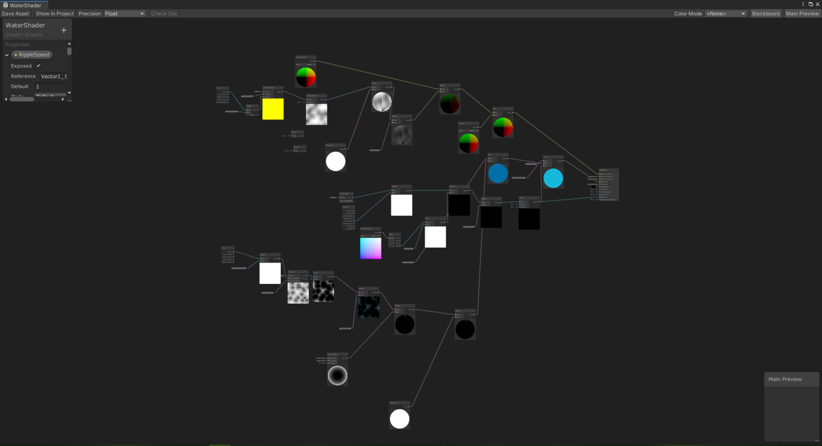 In the first level I use a water shader made in shadegraph. It uses displacement to represent the waves all over the mass of water. Scene Depth is used to do a water fog/volume absorbtion.