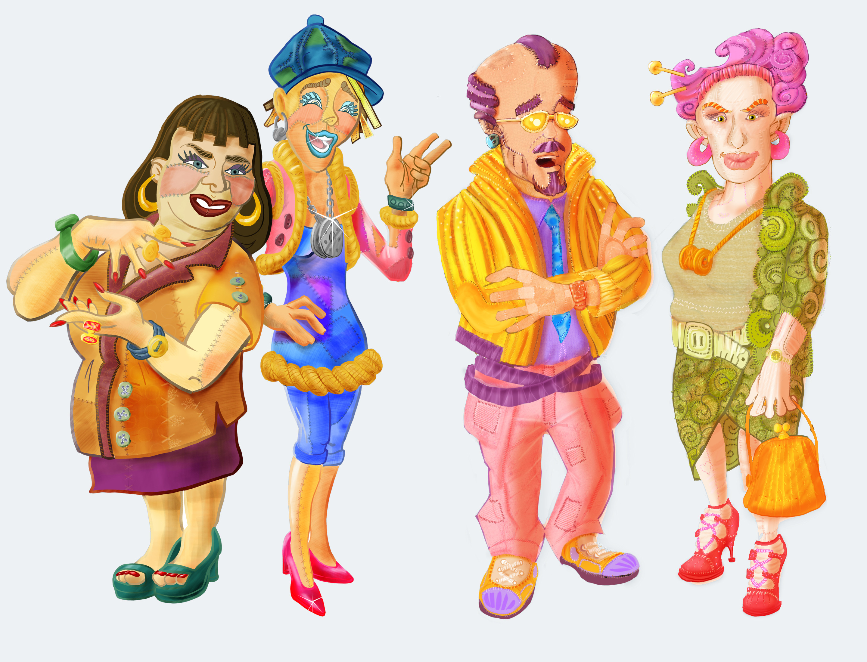 Unused campaign concept art. One of the campaign outlines researched was a Cloth World fashion circle. From l to r: Fashion journos based on Dawn French and Bubbles (from Absolutely Fabulous) and divas based on Alexander McQueen and Vivienne Westwood.