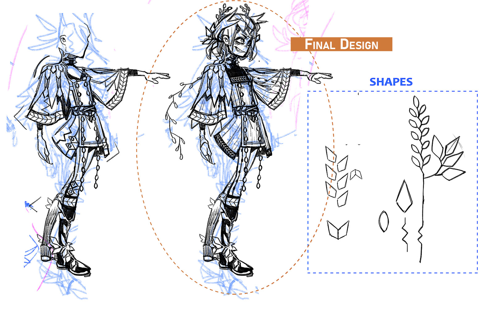 The final design in it's sketch state, and the shapes i'm allowed to use for her design.