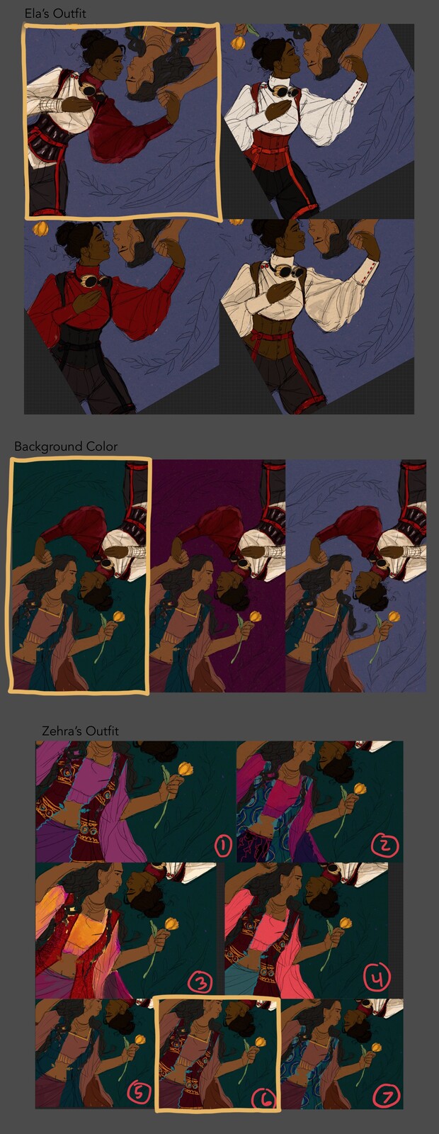 Color comps exploring different color palettes! The ones my client selected are outlined in gold.