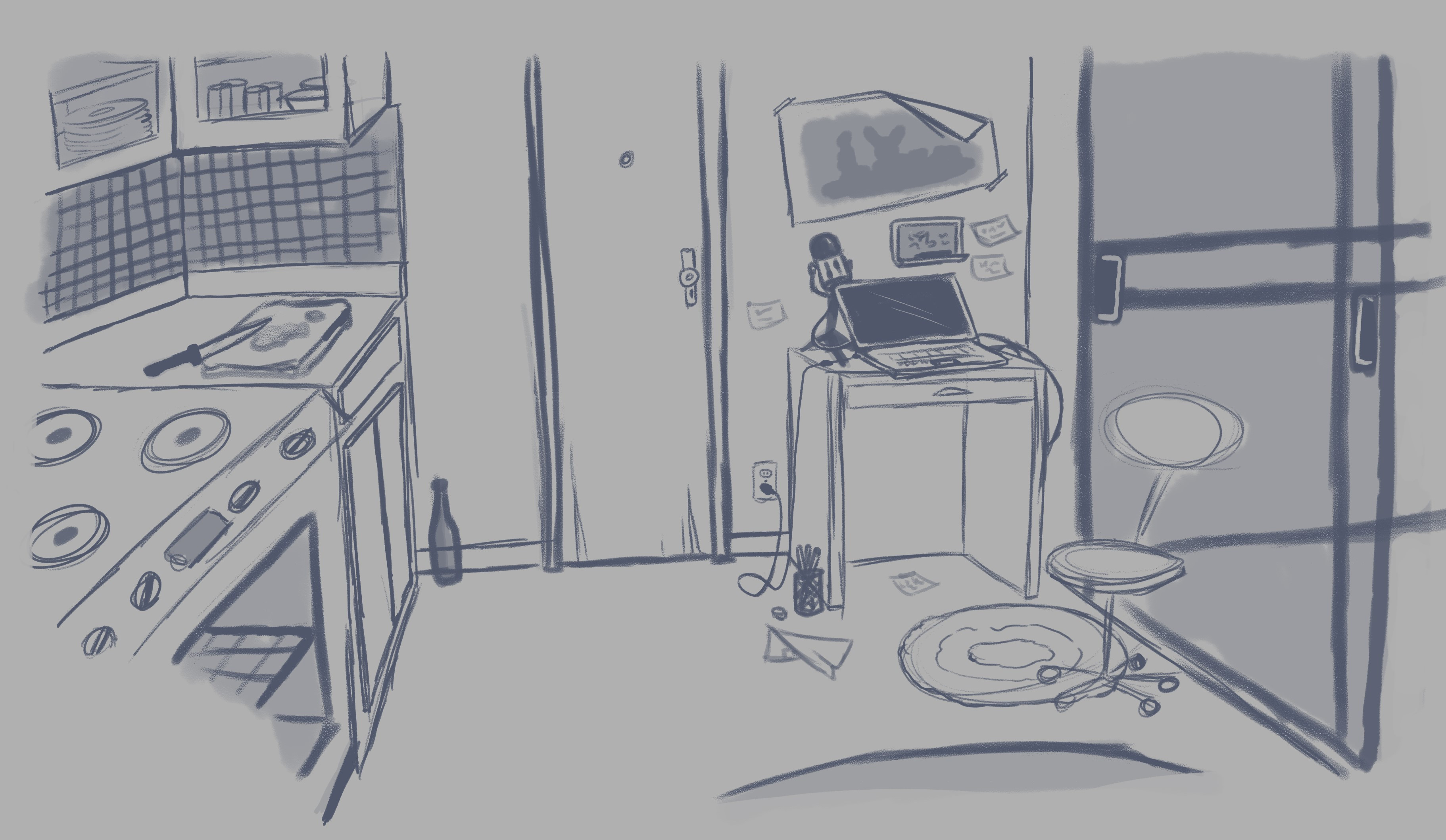 Rough sketch of kitchen/living room.