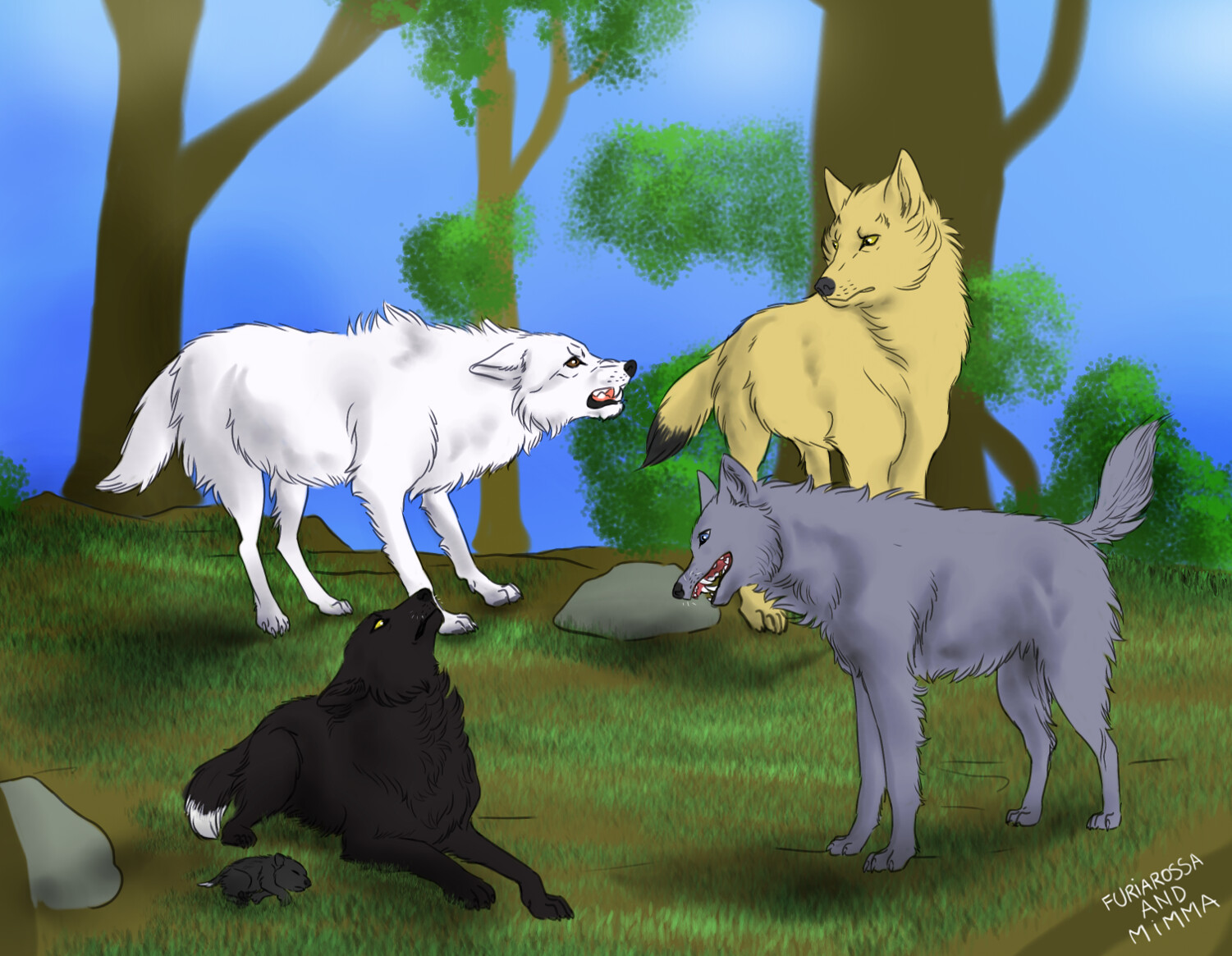Aaand the story of Alex starts here... yes, he's the small puppy in the grass. And his parents, that are defending him against the alpha and the beta, are just omega wolves...