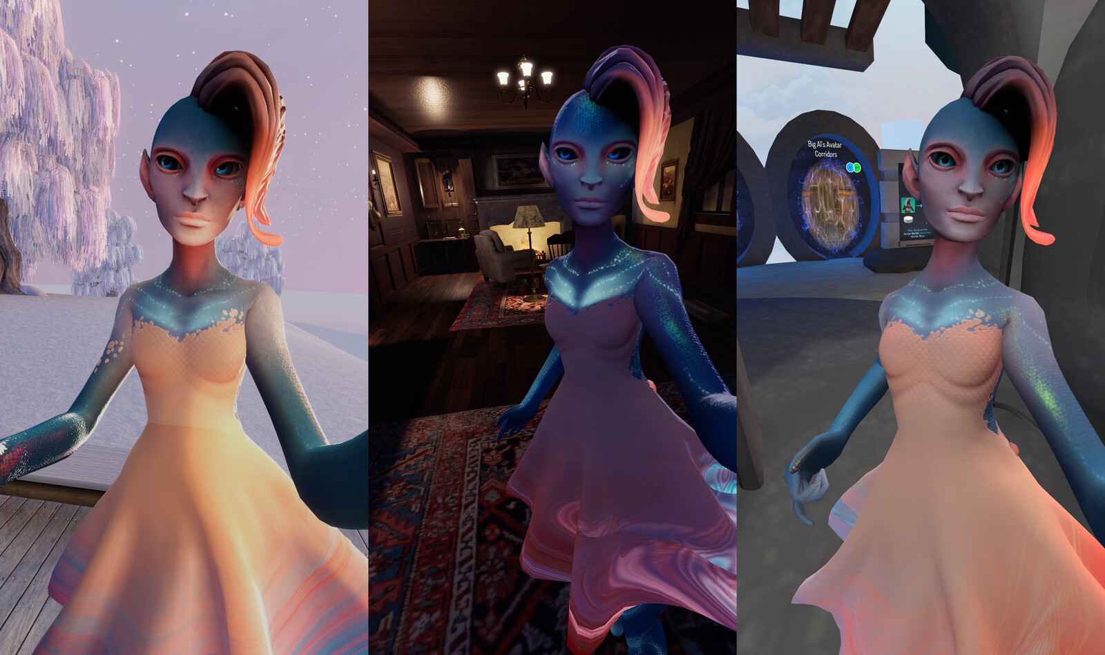Fish Person wedding version, made for, well, a wedding I was invited to, in various worlds. By this time I had improved the shader to be more resilient in bad lighting conditions.