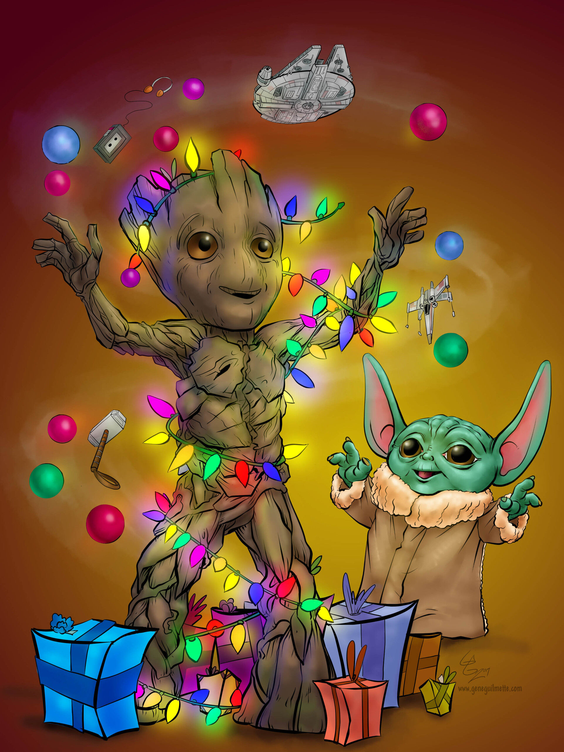 ArtStation - Line it is Drawn - Baby Groot and Baby Yoda X-mas