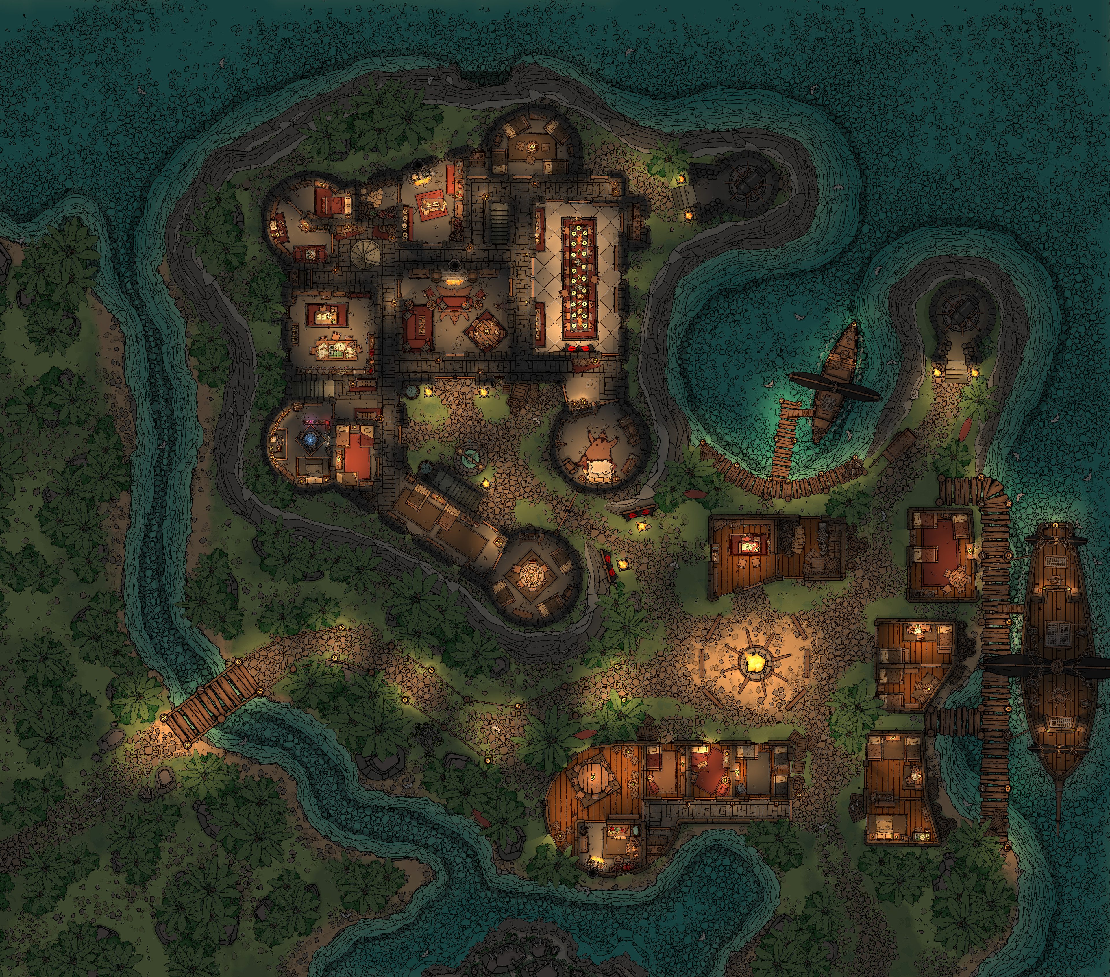 Pirate Fort, Docks &amp; Ship - Night
