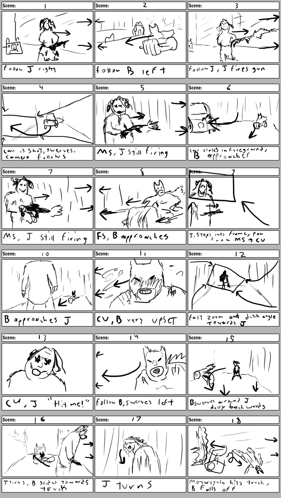 I sketched a storyboard frame of each shot in the sequence