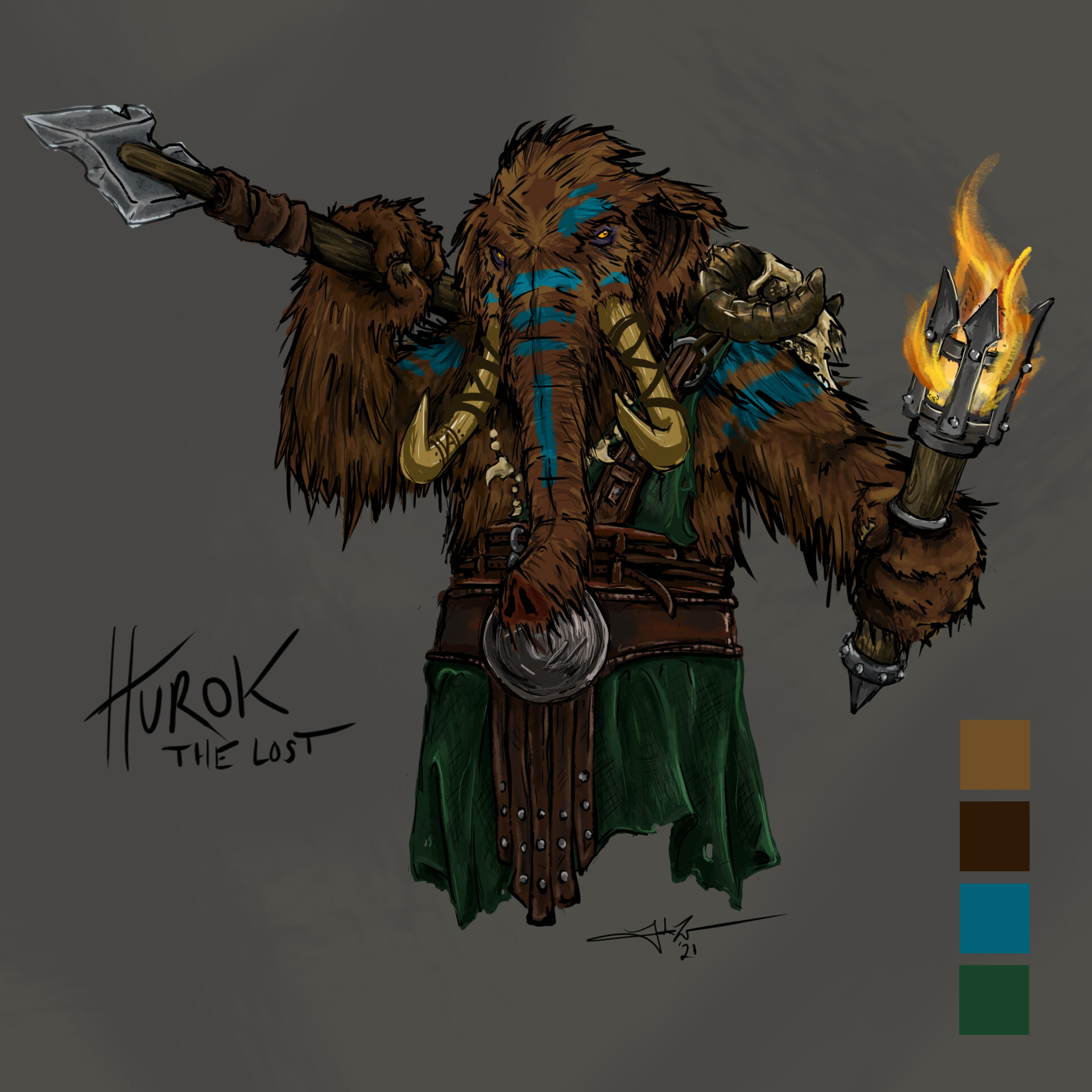 My loxo ranger Hurok.  Used him for an Icewind Dale campaign.  He gets dropped into Faerun by means of a rogue portal during a catastrophic rewriting of time in his realm due to Sarkhan Vol (Planeswalker).  He gains the attention of Sylvanas as he traveled through the frozen mountains and forests, eventually blessed with a icy swarm of crystal "spiders" that reside as permafrost and snow on his fur and tusks.  I should probably finish this one day.