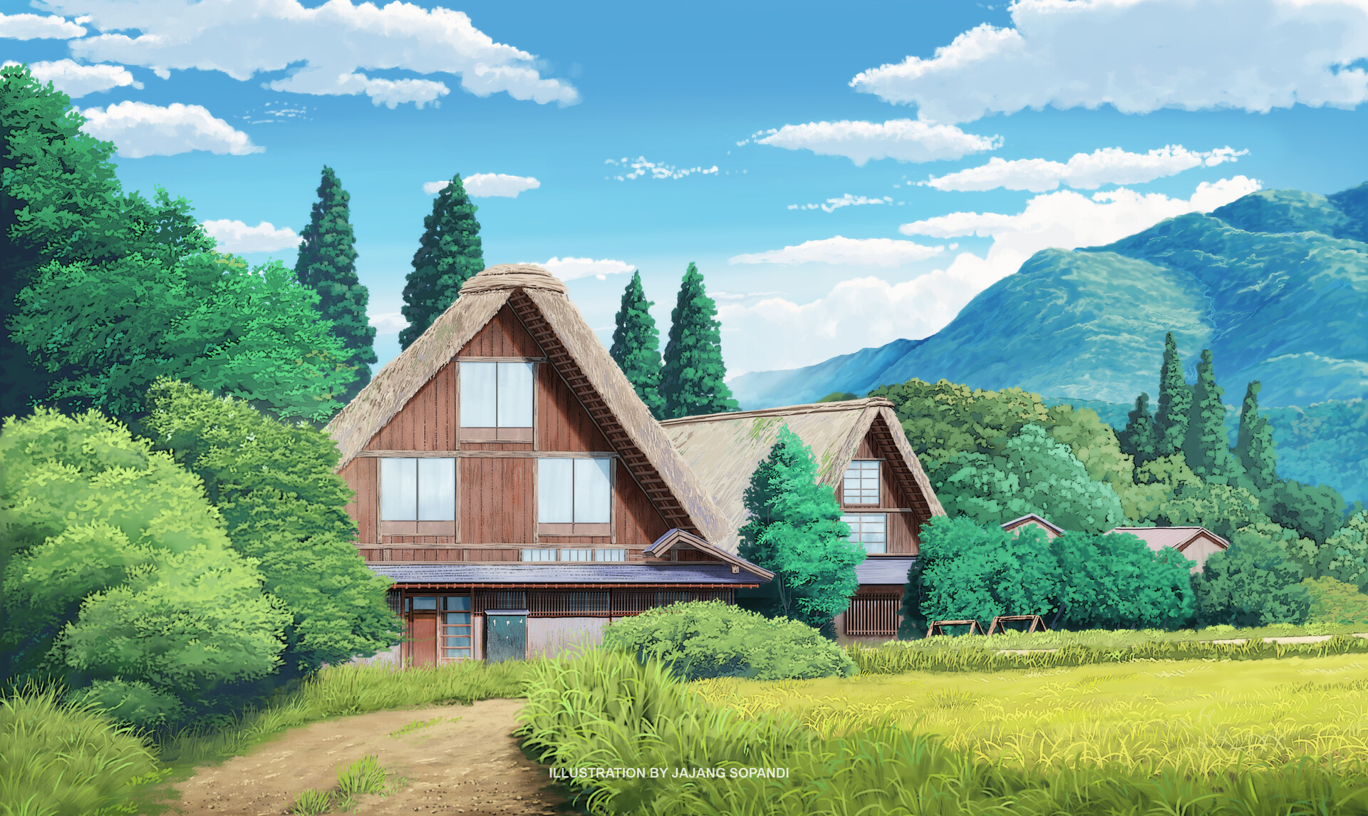 Serene Japanese Anime Countryside with House and Path in Summer