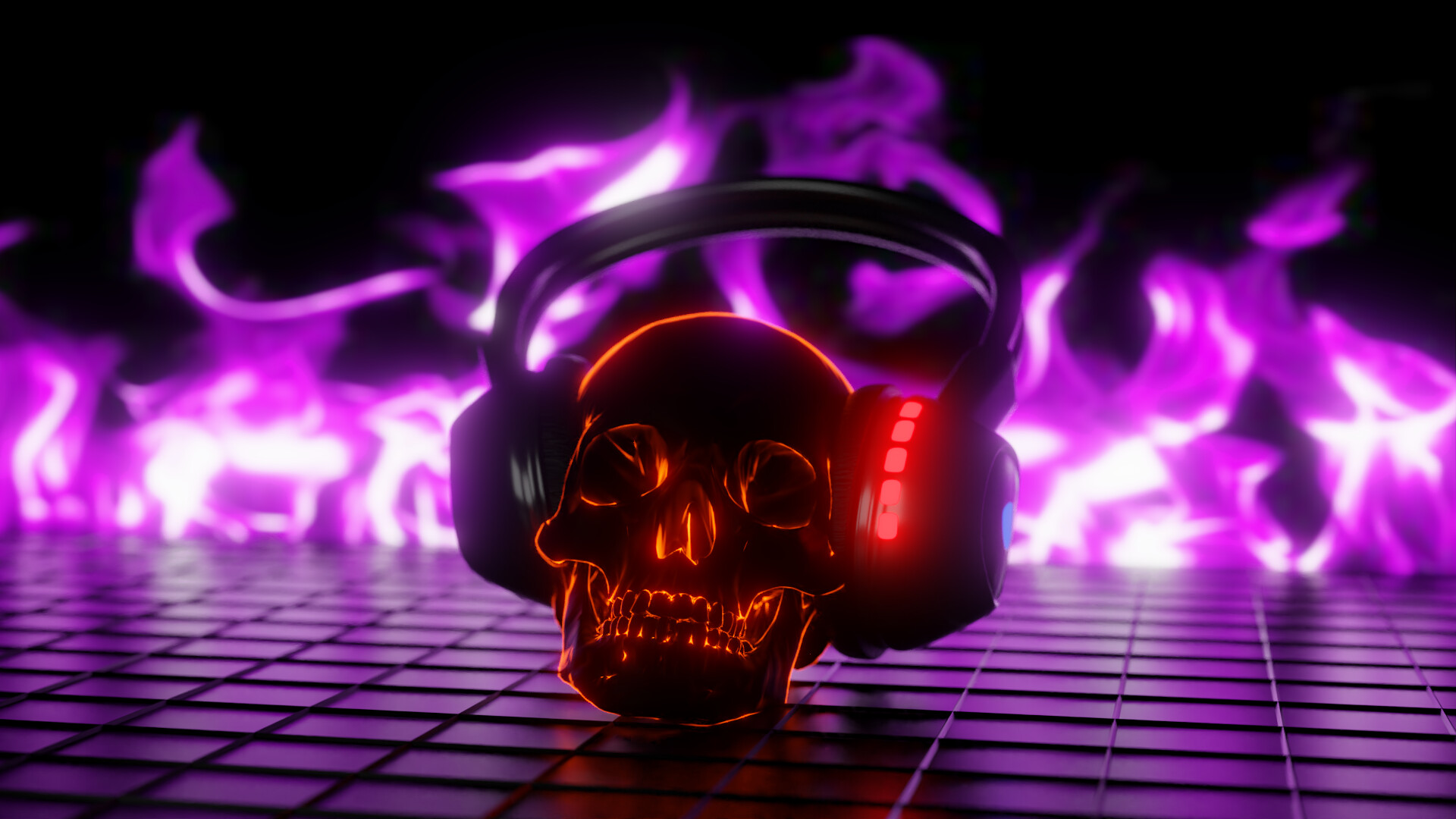 flaming skull with headphones