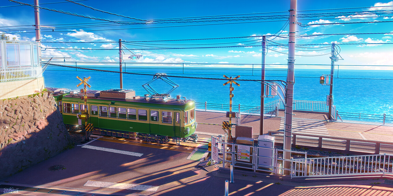 注文制作します 水彩画原画 江ノ電・鎌倉高校前駅踏切風景 ＃474