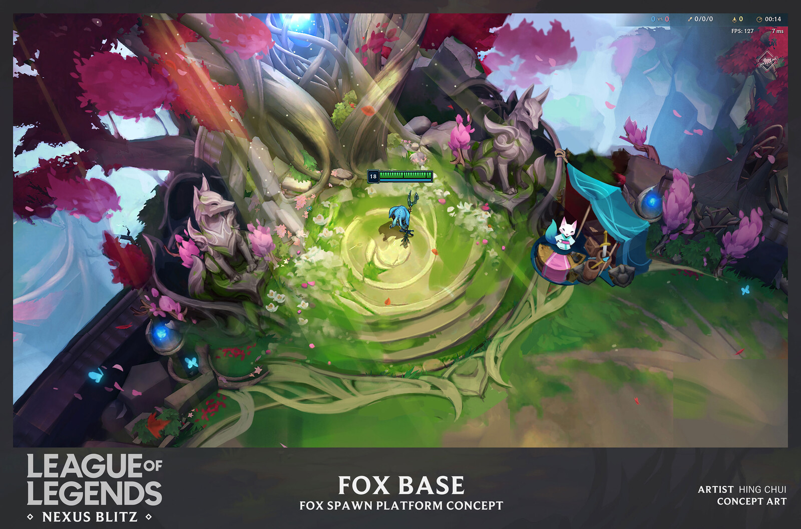 Concept of the East Base. We wanted to push two different moods and theming to help separate the two opposing sides. The East base is fox themed, and bright, flower-filled and lively.