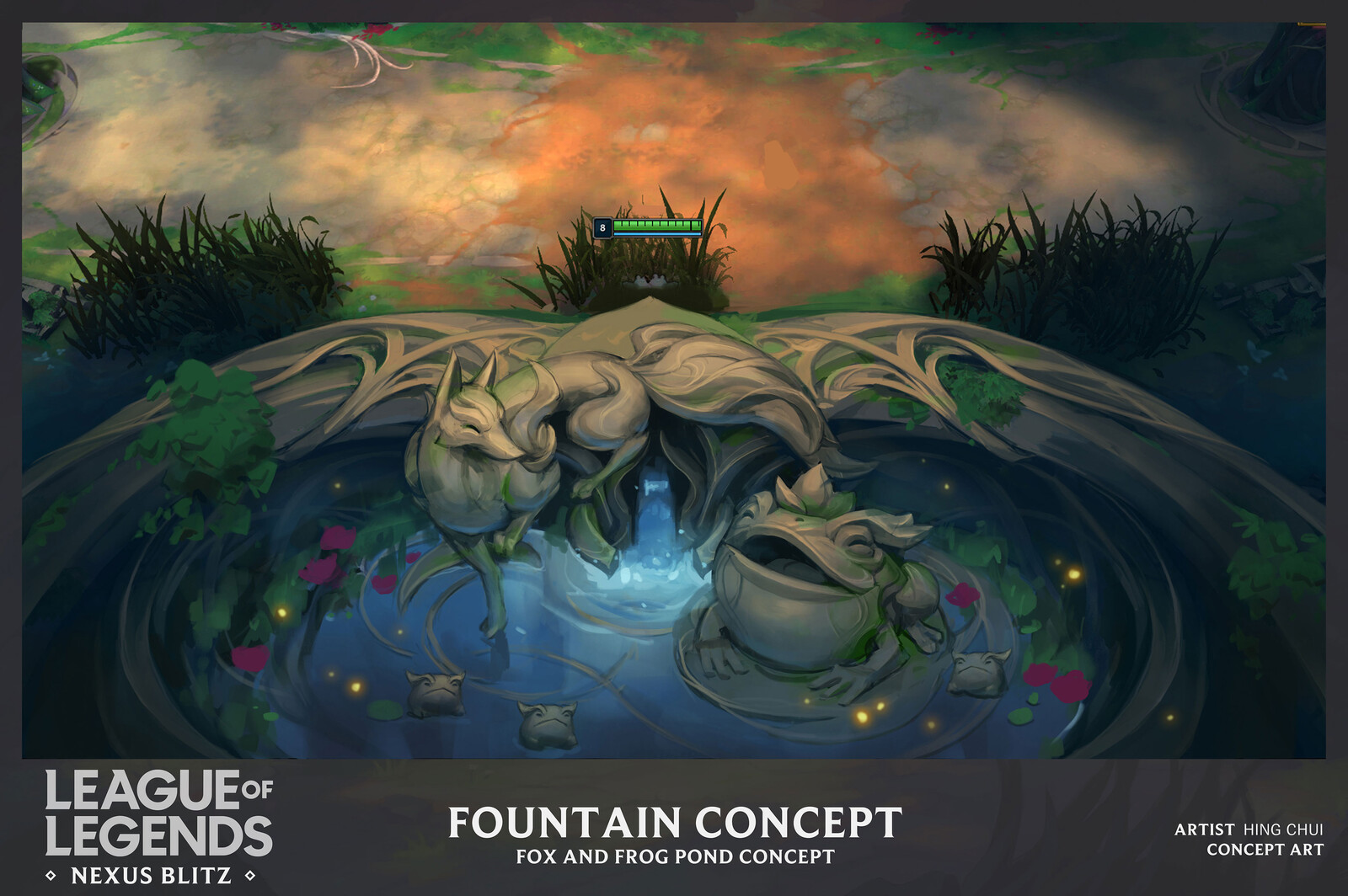Concept of the midpoint fountain. The Fox and Frog themes are not shown in conflict, but peaceful harmony. 
