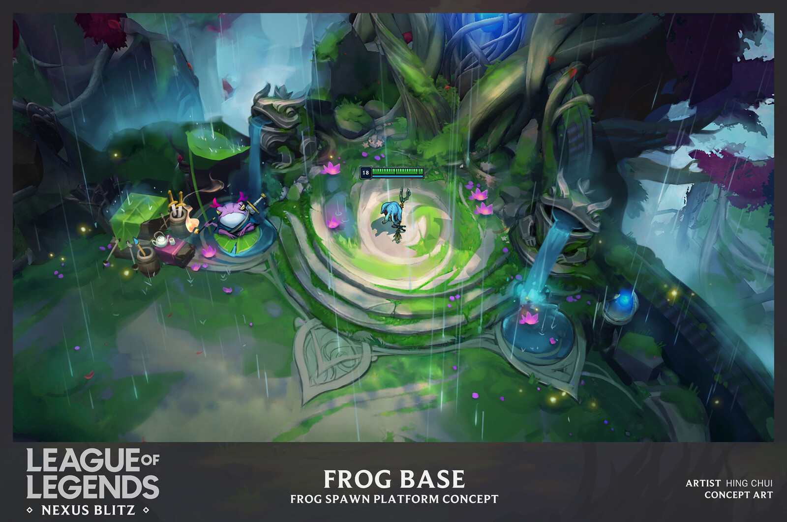 Concept of the West Base. We wanted to push two different moods and theming to help separate the two opposing sides. The West base is frog themed, and is calm, rainy, and moody.