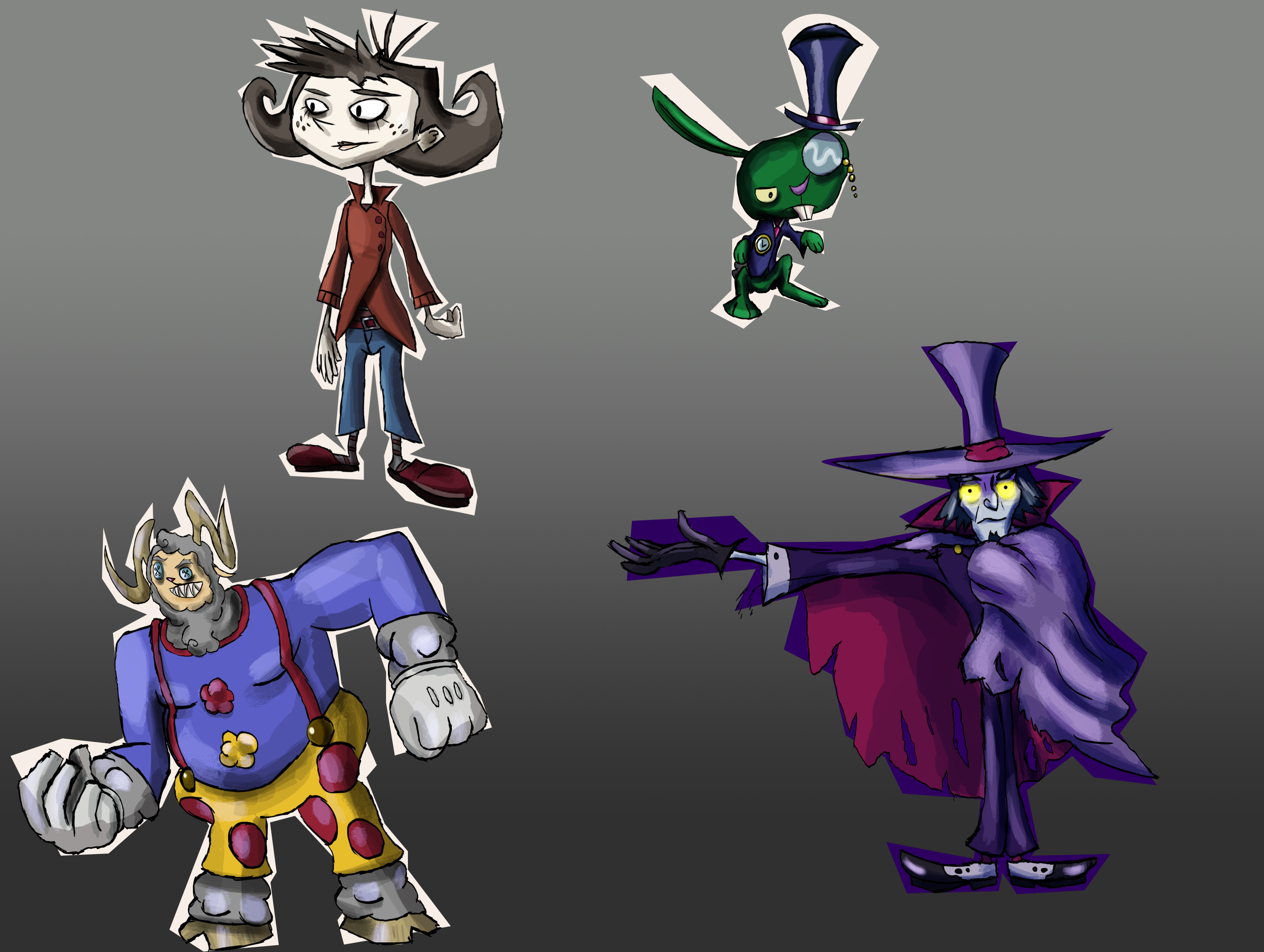 Oliva, the main protagonist, Greenie, Honks, who was going to be a boss, and Mr. Purple, the main villain.
