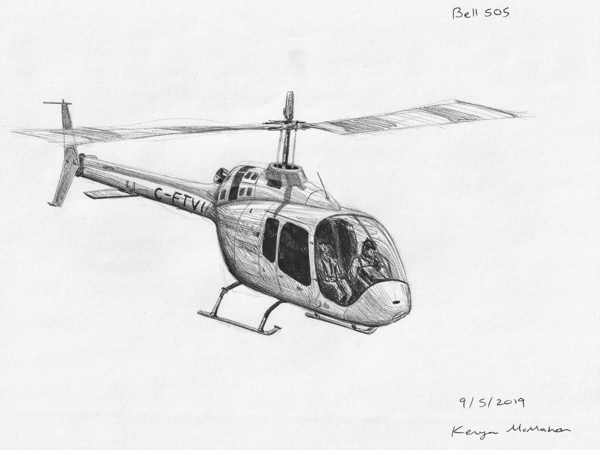 AIRCRAFT – EUROCOPTER (NOW AIRBUS) AS350 HELICOPTER A4 COLOURED PENCIL –  Artwork by Commission