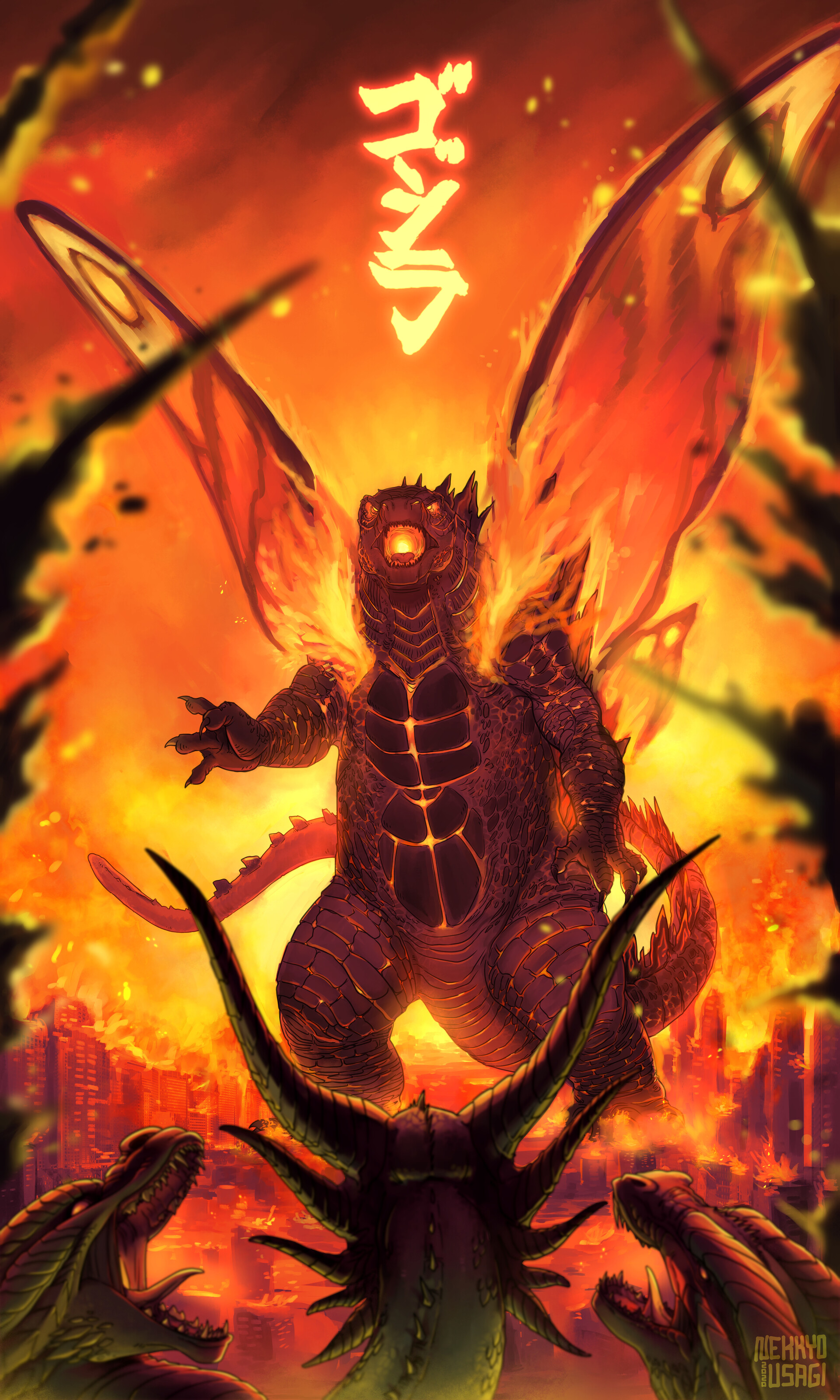 ArtStation - Commission - Burning Godzilla Defeats King Ghidorah
