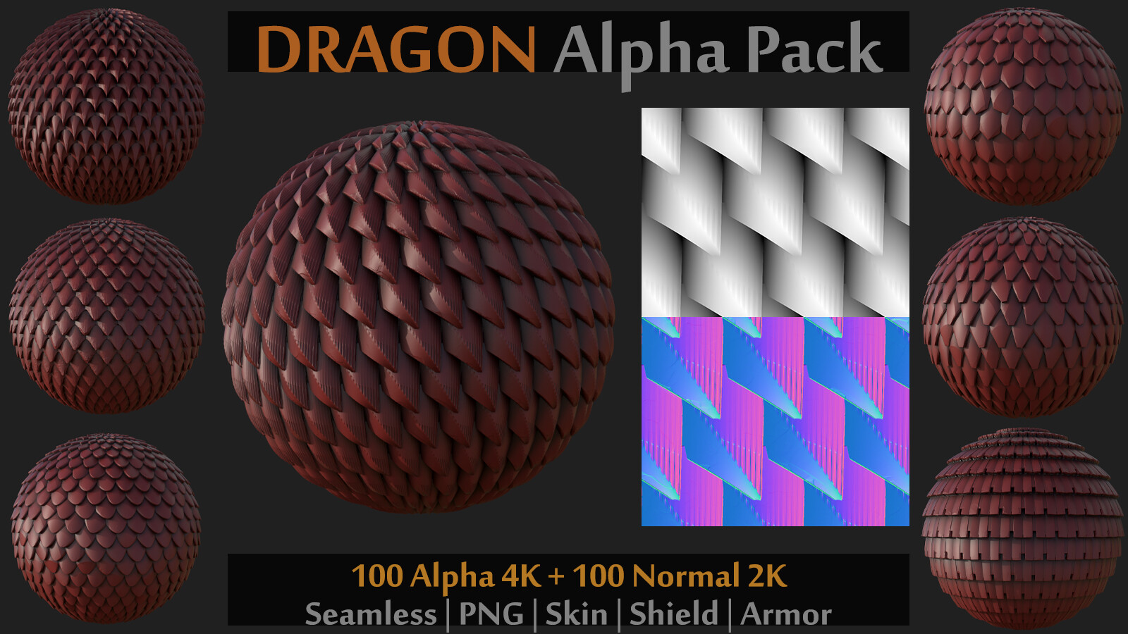 100 Alpha and Normal for Brush and Sculpt on Skin, Shield, Armor (Zbrush, Blender, Painter...)