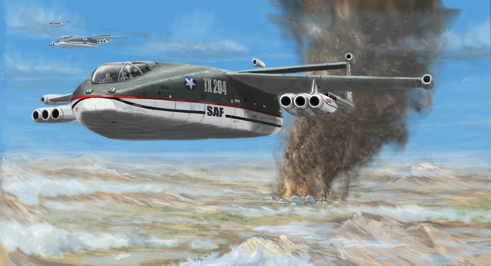 TX 204
From the classic 1960s TV Series 'Thunderbirds'. seen here hastily departing the ill-fated Atomic Station in Australia , from the episode 'The Mighty Atom'. Designed by series VFX Supervisor Derek Meddings.