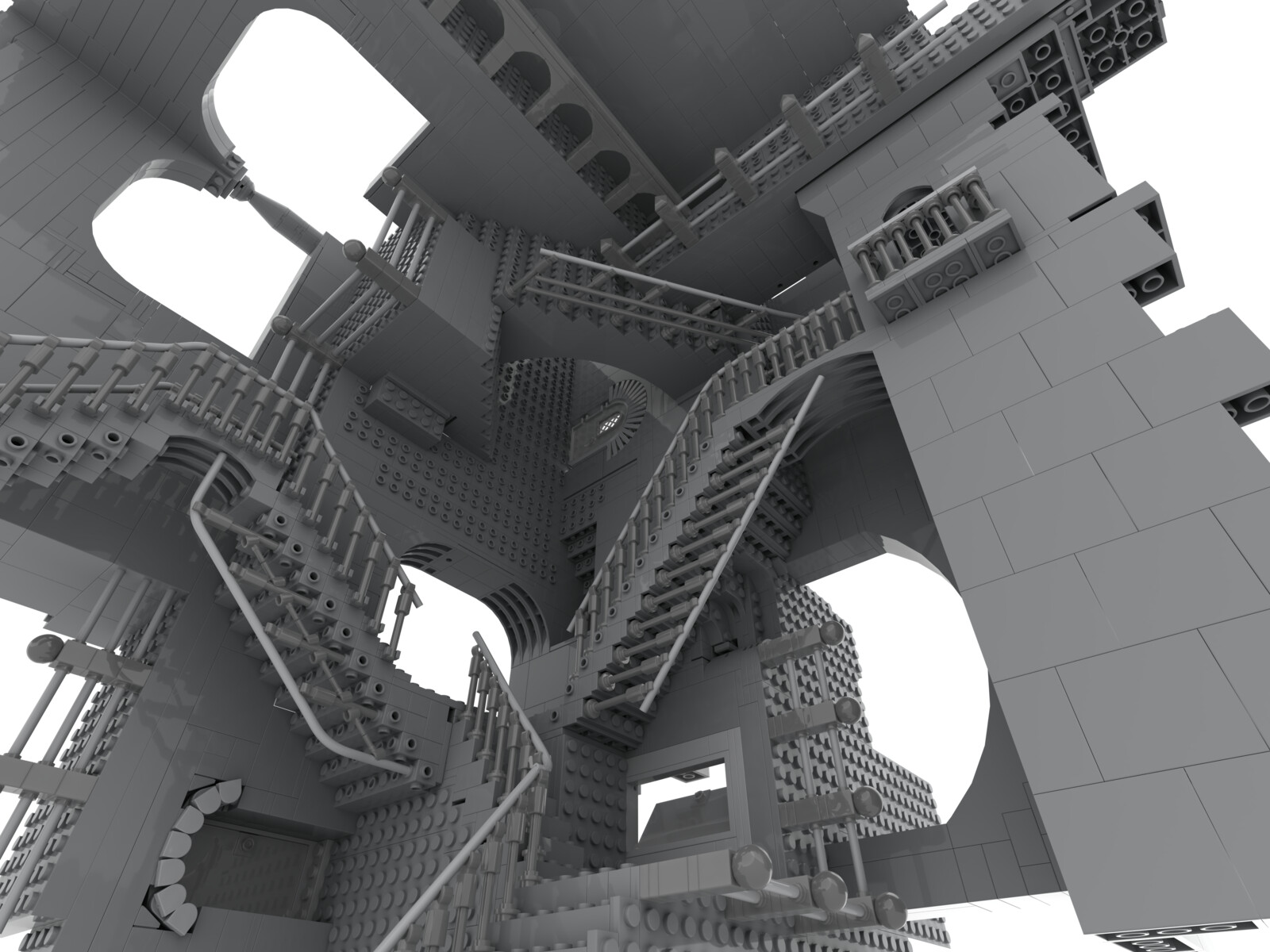 the perspective repeats the composition of the painting by Mauritz Escher "Relativity"
