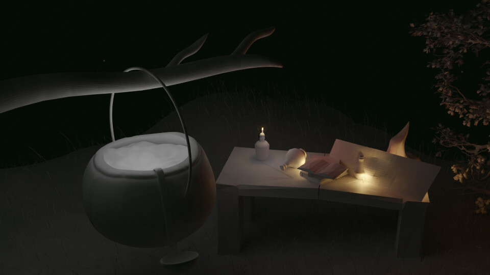 the use of color and light on the table and candles

Table 3 Point Light 
- 16 W Color: #AA4A34;
- 4 W Color: #FF6F4E;
- 6 W Color: #DADDEE;
Candle 6 Point Light

1º - 2 W Color: #FFC676
2º - 2 W Color: #FFC676
3º - 500 W Color: ""
4º - 2 W Color: ""
...