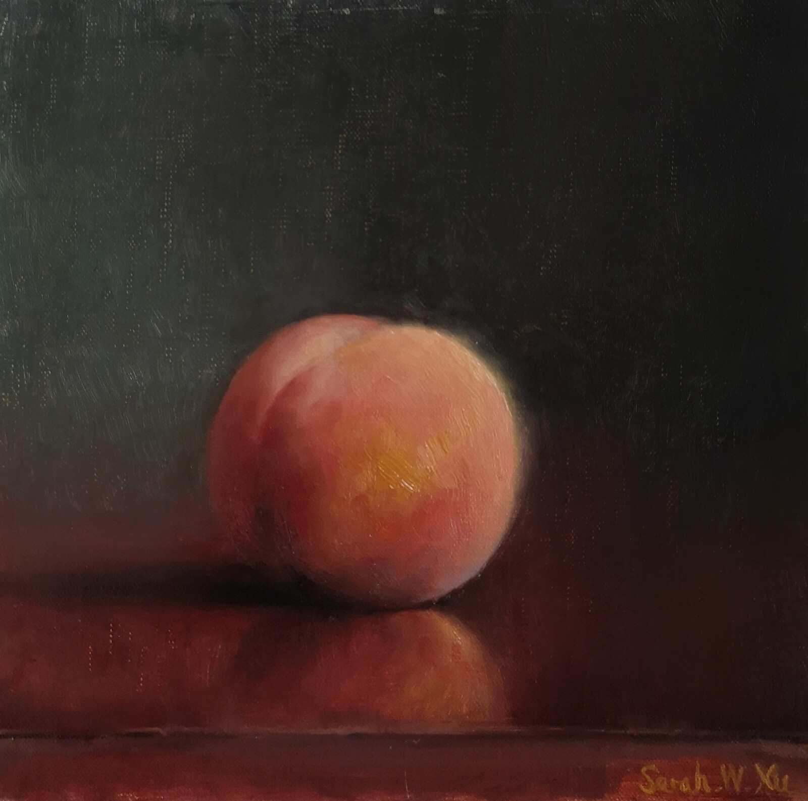 Small Still life- A peach, Oil on linen, 8x8