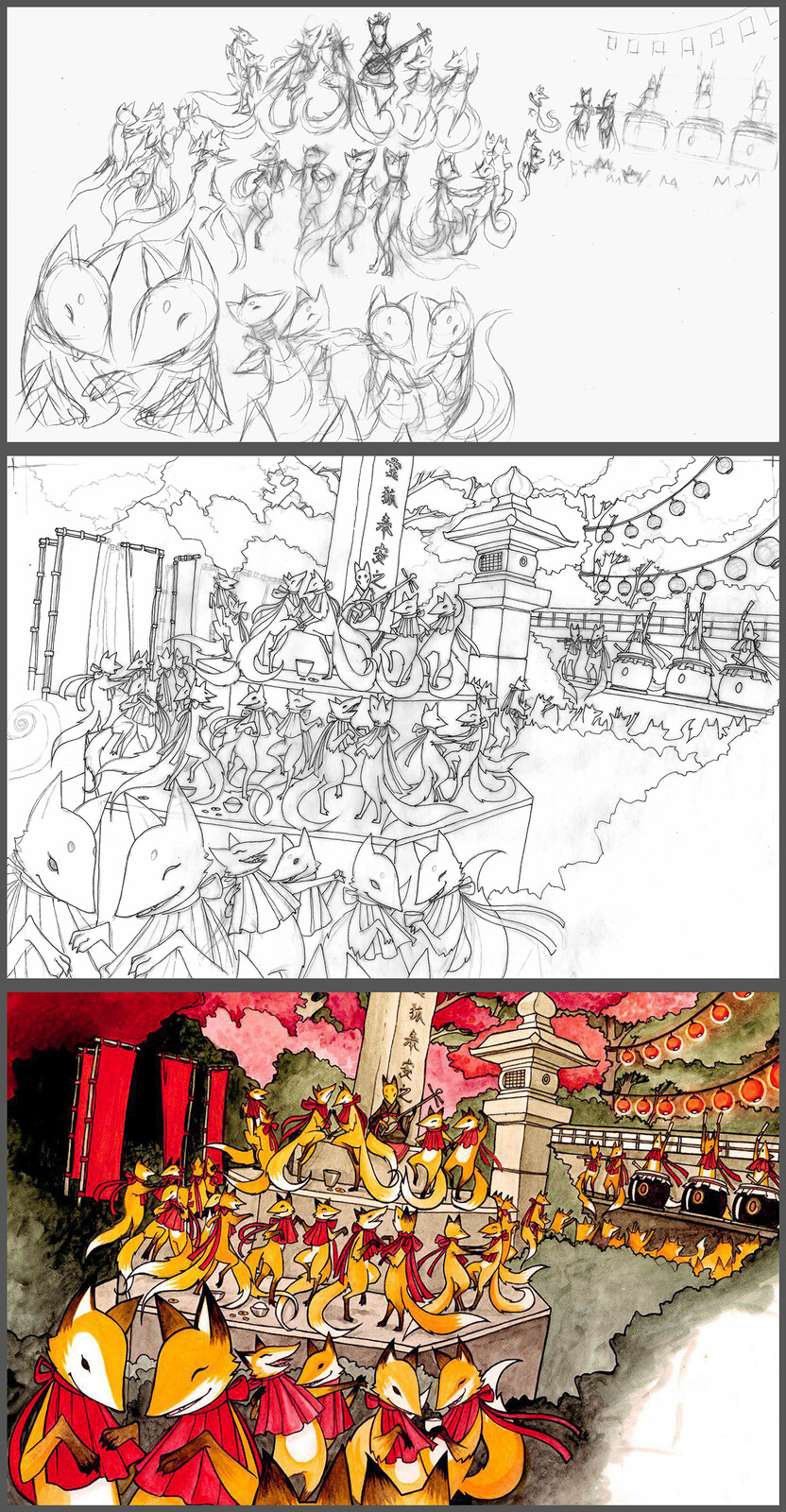This scene was inspired by the Toyokawa Inari Tokyo Betsuin temple in Tokyo (temple of a thousand foxes)