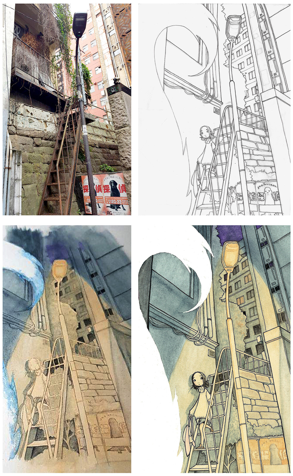 The process of painting a page started with a photograph (this one was taken in Roppongi) and I would then make a sketch and transfer that onto watercolour paper. The final image was painted with gouache paint and lined with ink.