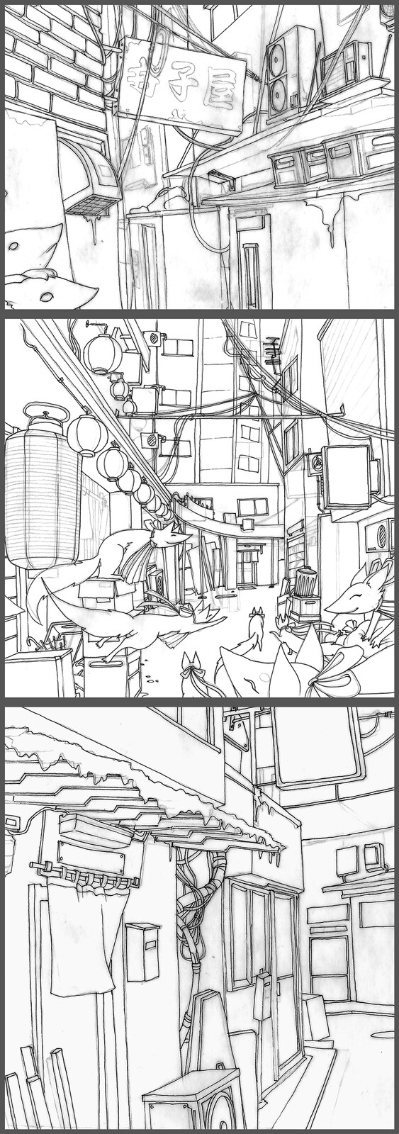 All backgrounds of the book are based on photos I took during walks around Tokyo. I'm very fond of narrow alleyways.
