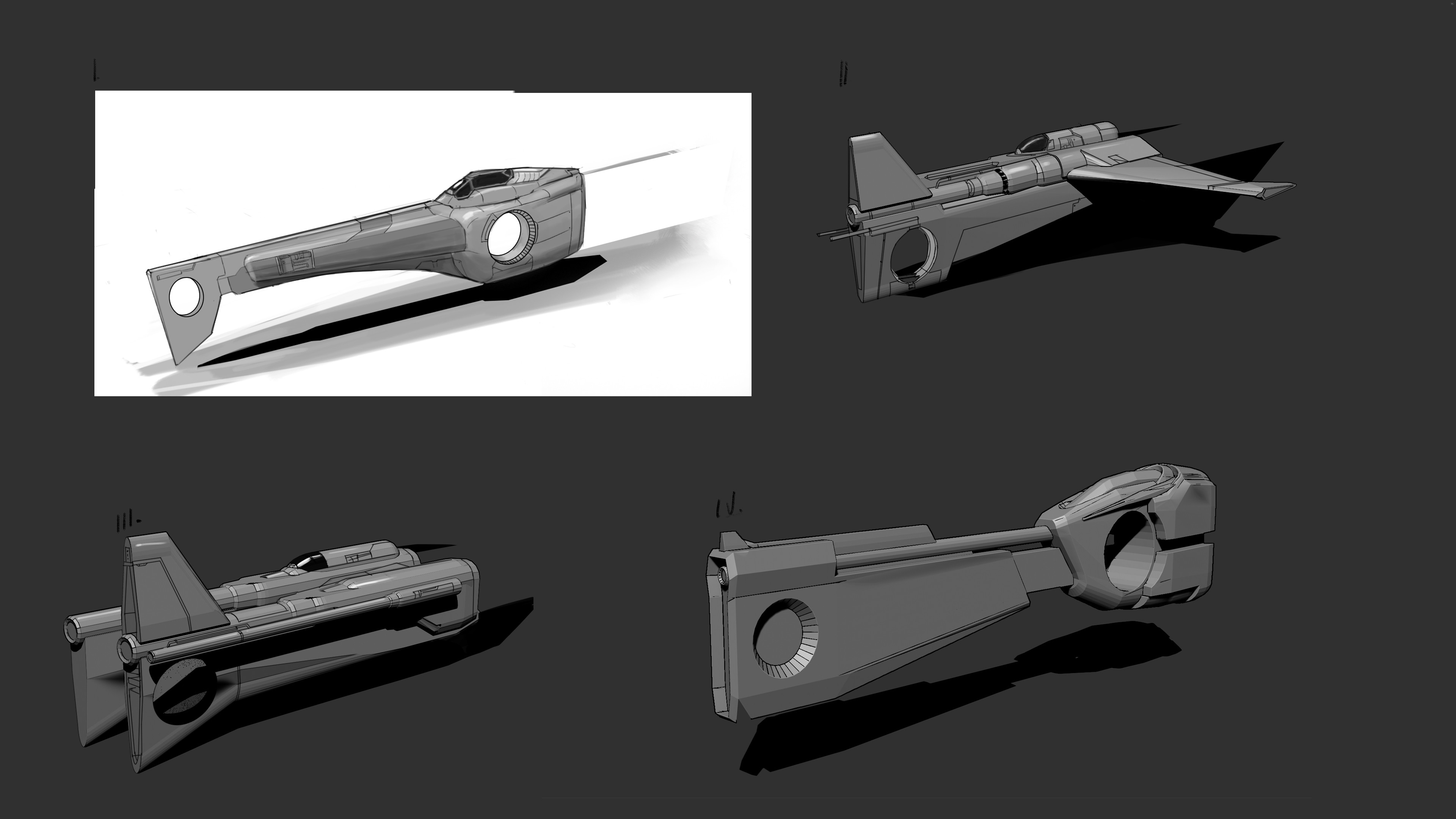 Some of the sketches that inspired this ship, last one is used as the blockout