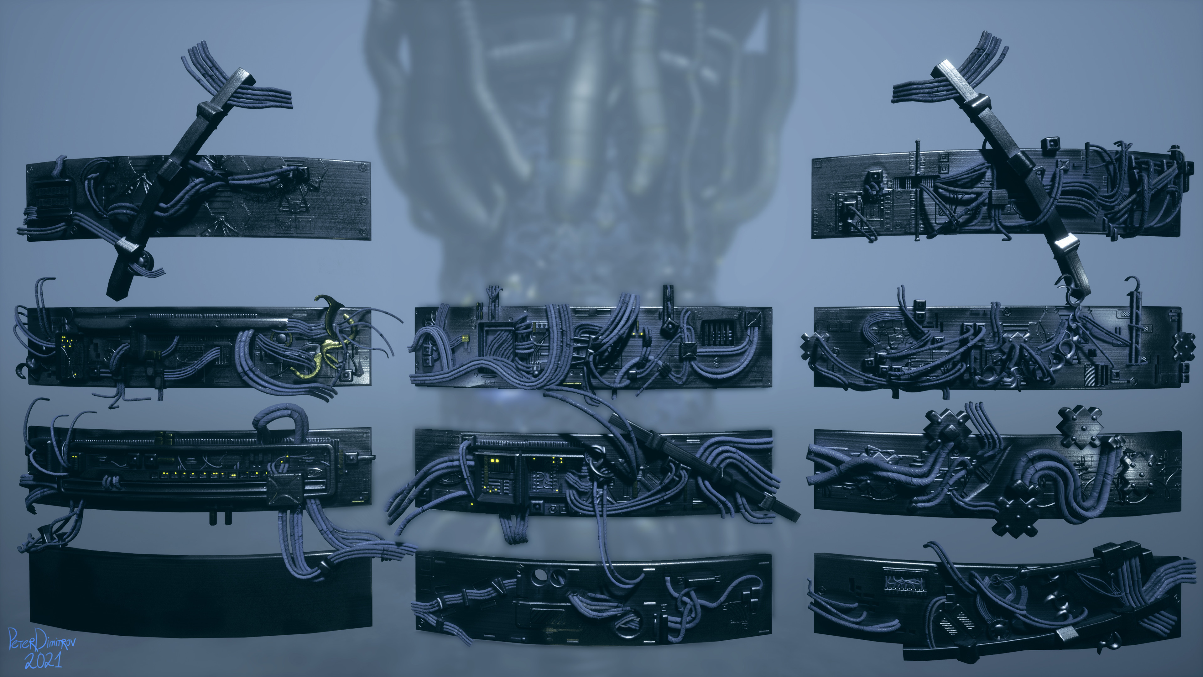 The set of 11 panels above was one of the parts of the project that took me the most time. I tried to created them detailed and interesting while balancing geometry and 2D texture details and hard surface stencils.