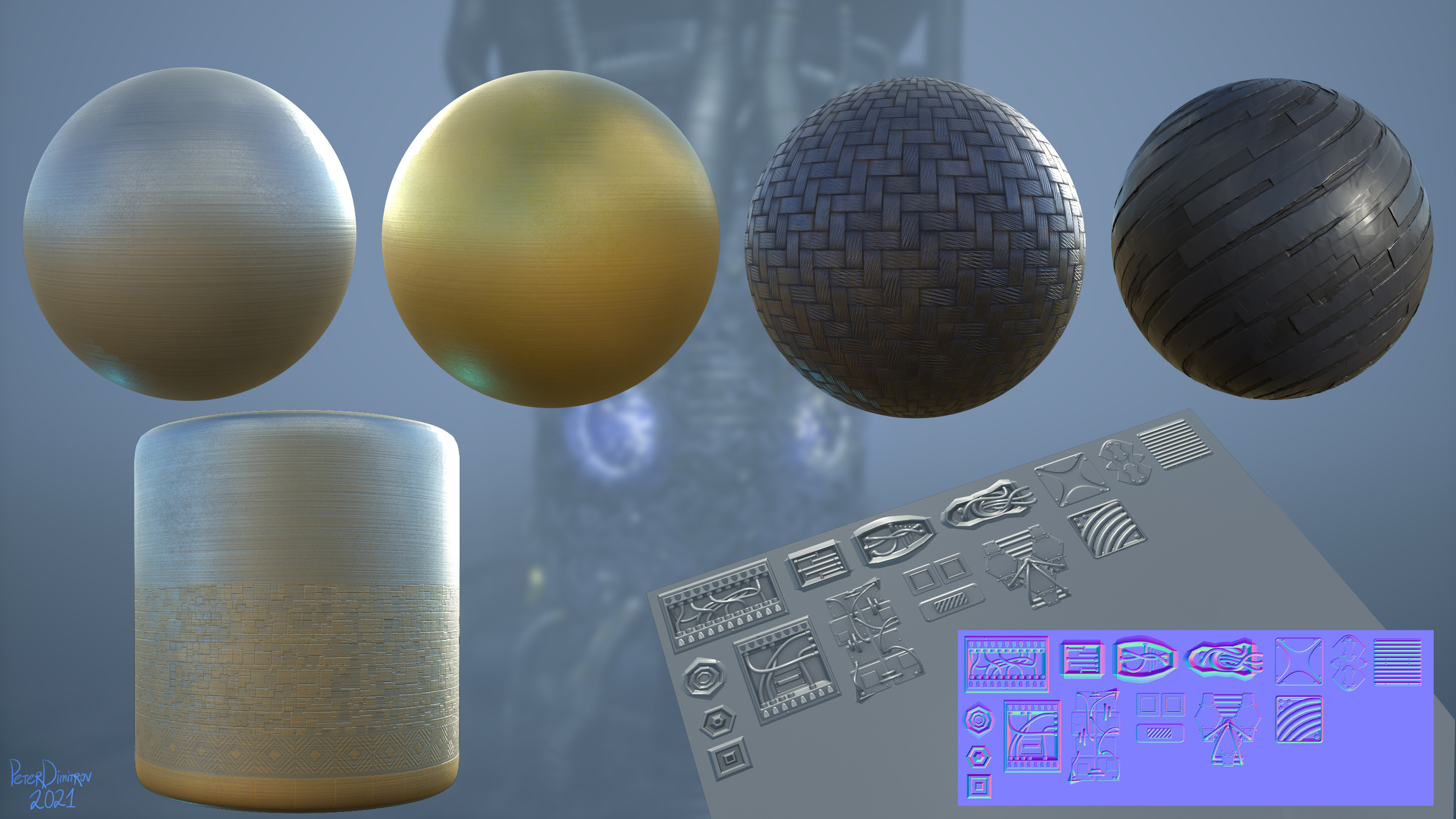 To the left you can see a trim sheet that is used in the background. To the right are hard surface stencil details and decals I modeled in Maya and then baked in Substance Designer in order to distribute across the arced platforms for more detail.