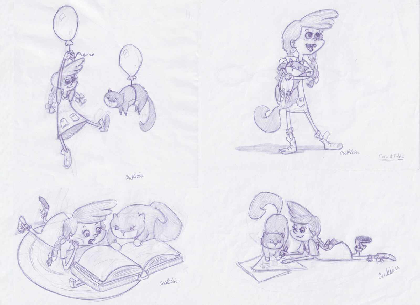Concepts of Thea interacting with her cat, Fable.
