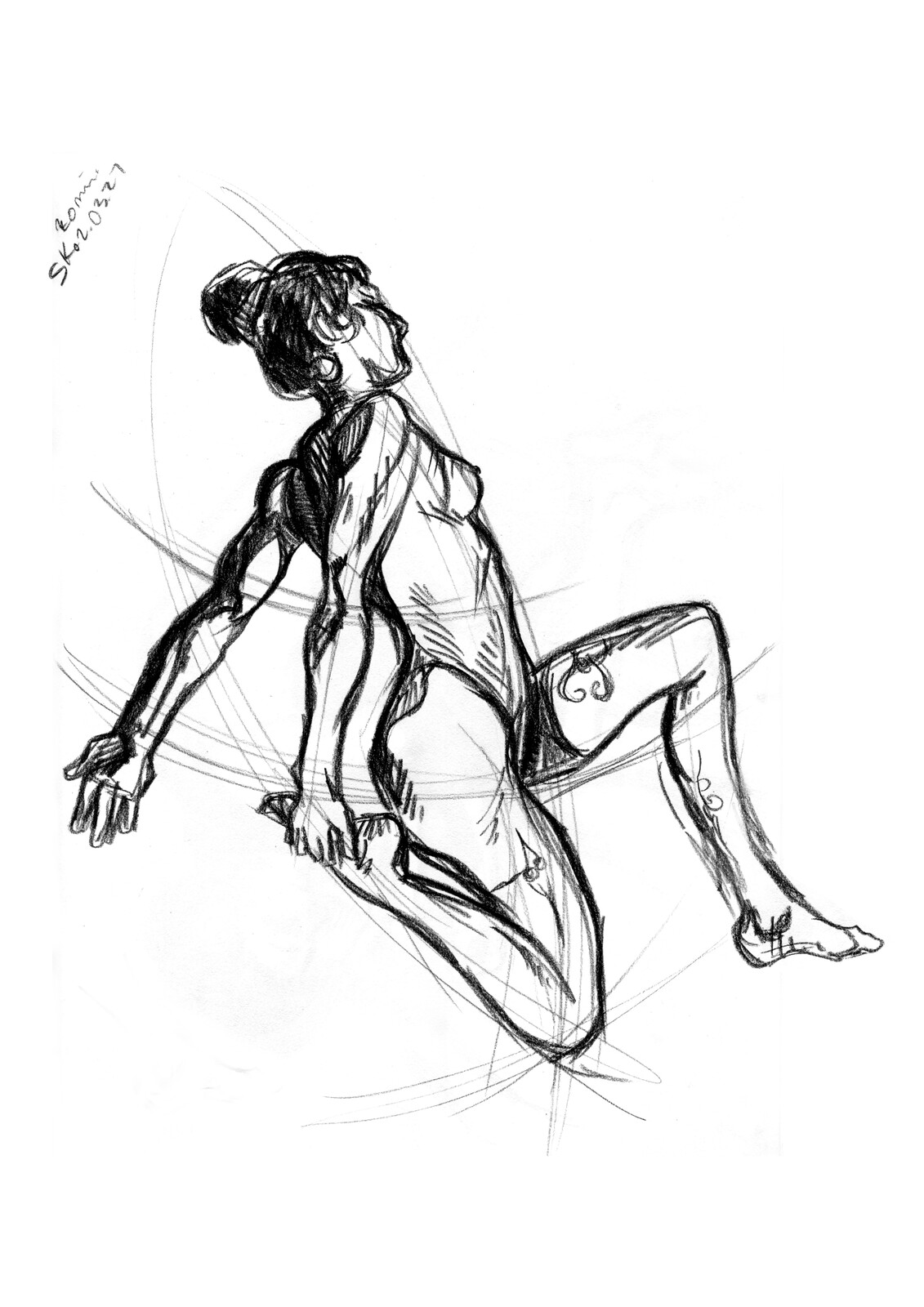 Charcoal pencil, the model was laying on her side with the camera overhead.