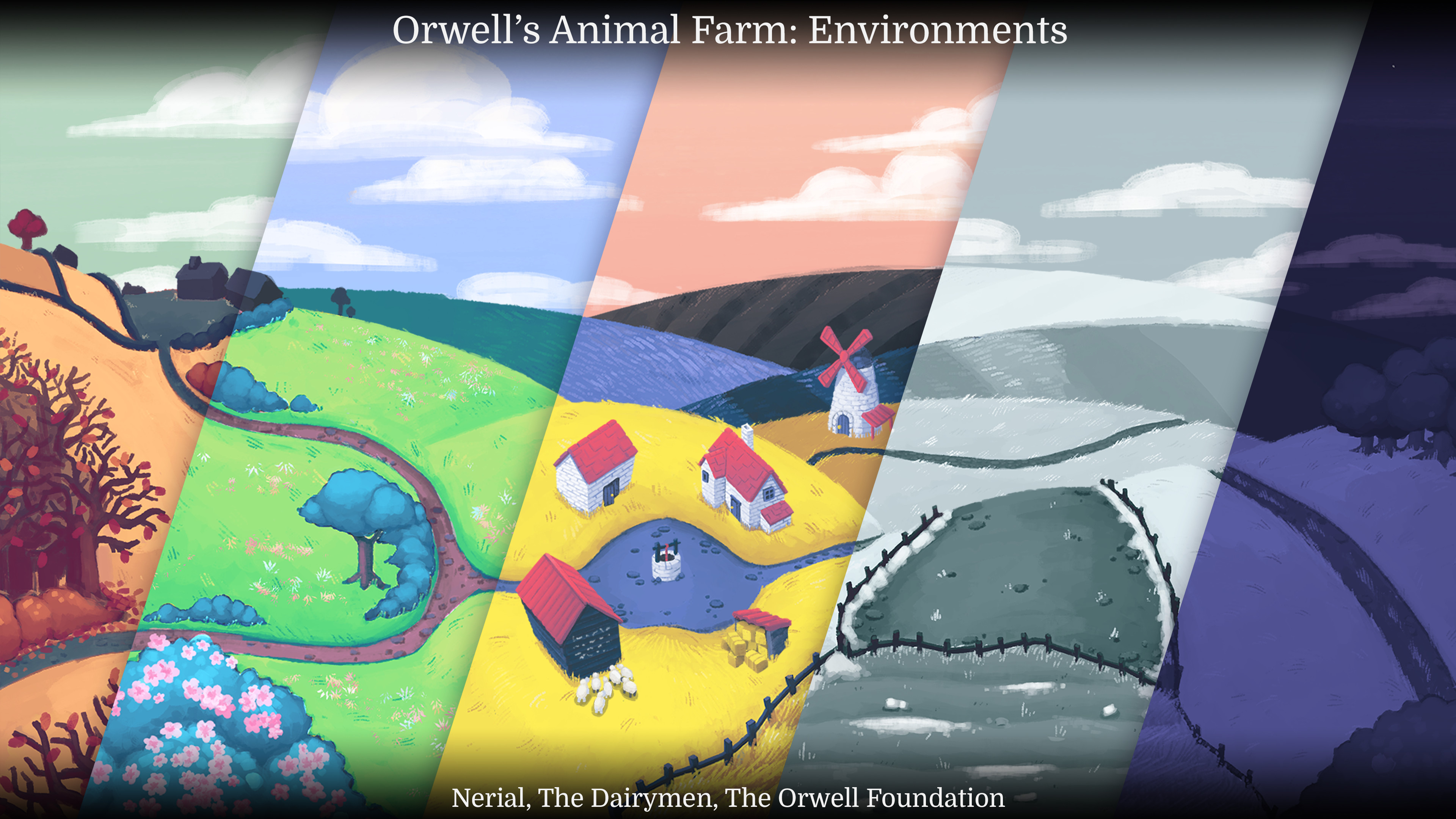 A composite of all the farm scenes. Throughout the game, the seasons change, and have different effects on the farm and animals.