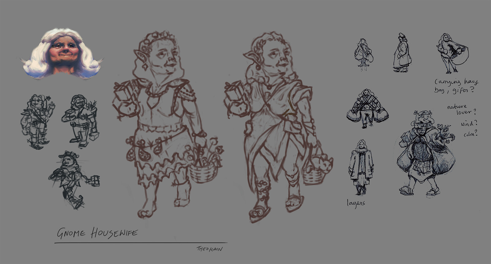 Character explorations, what does a gnome housewife with nice clothes and in touch with nature look like?