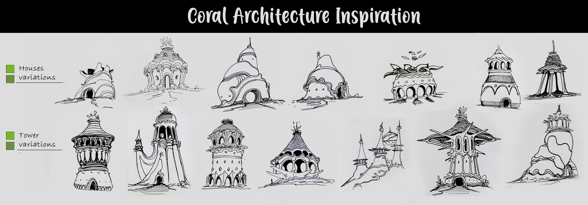 Architecture sketches made by Victor Fritsch. I decided to use these as inspiration for my buildings instead of the ones in his final concept painting