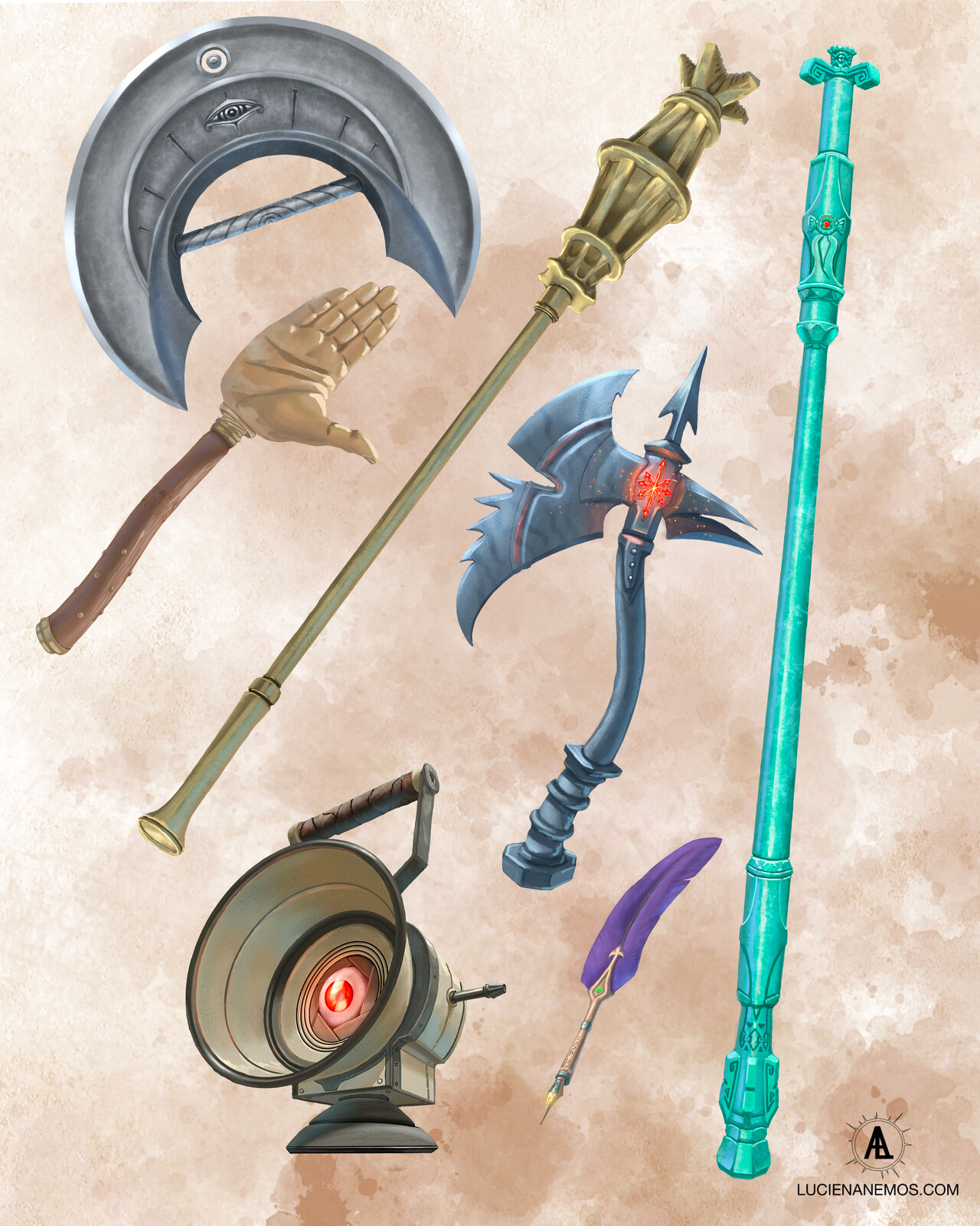 Warden Crescent, Hand of Netheril, Scepter of Stonewell, Chaos King Axe, Kadar Staff, Andrais Quill and Lamp of the Evil Eye