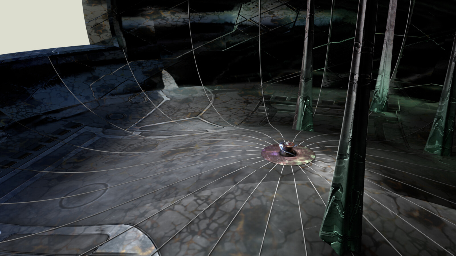 The interior, now with completed textures. We wanted to go with a synthetic/organic combination look, taking inspiration from aliens such as the Combine from Half-Life.