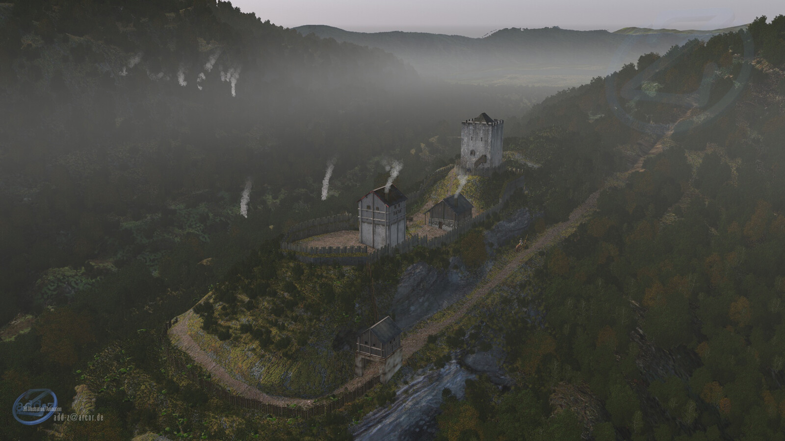 The castle above the Brexbachtal with the plumes of smoke from the iron smelting. The Rhine Valley can be seen in the far background.