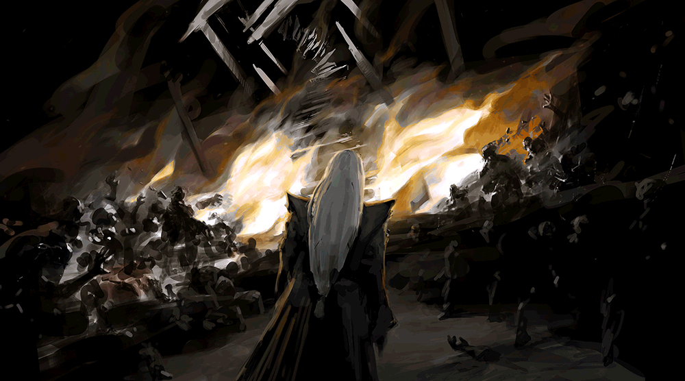Yone in his memories, standing in front of a burning temple (fire didn't make it into the final)