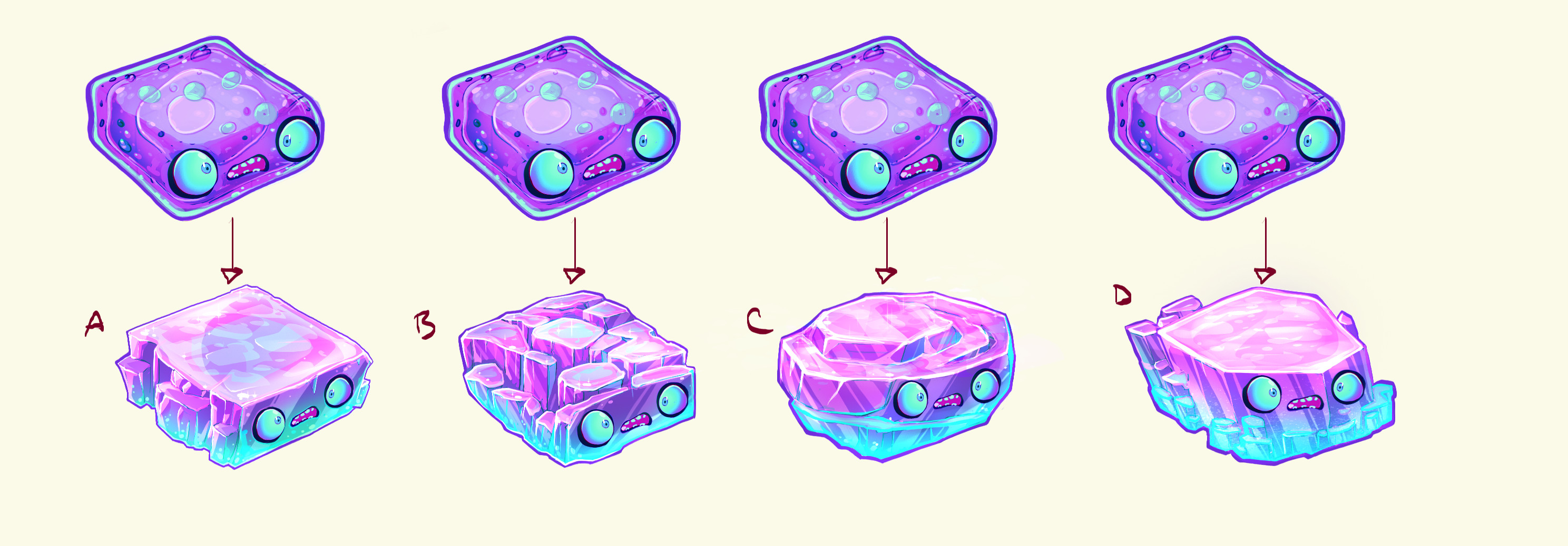 Final ideations for Neo Cortexs' weapon. Jelly mode on top, solid options on bottom.