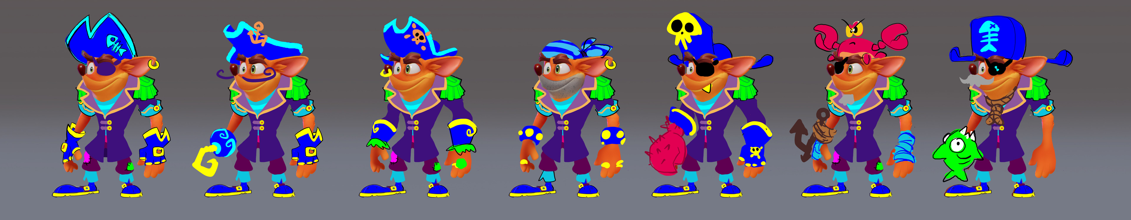 2nd round of Crash Pirate ideations, I tend to blob in neons not for color but for shape layering. I dunno, I find greyscale hard to see lol