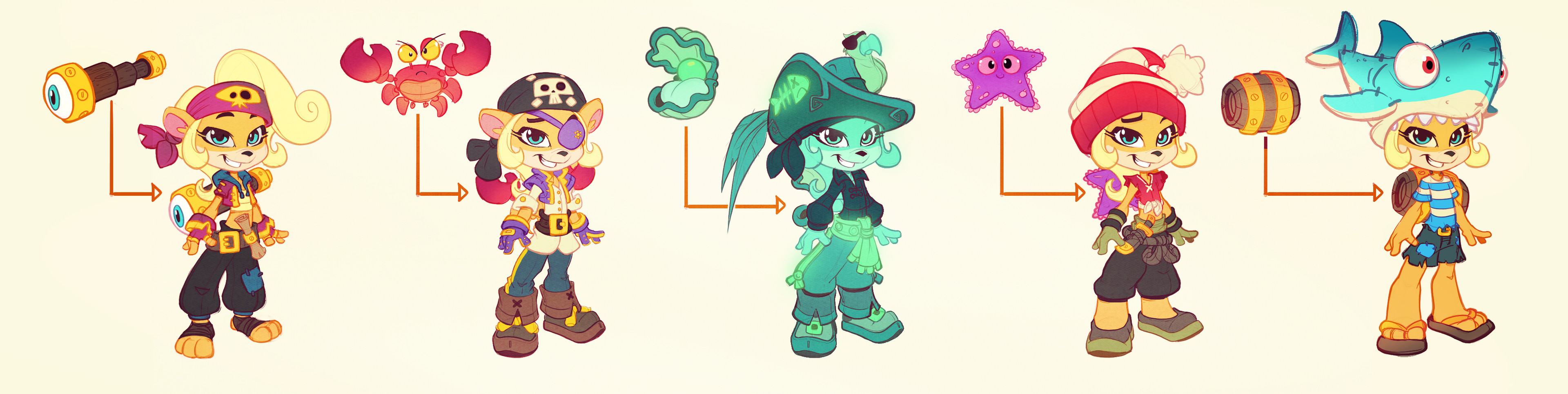 Early Cocoa pirate ideations, I'm a big fan of the shark hat to be honest lol.